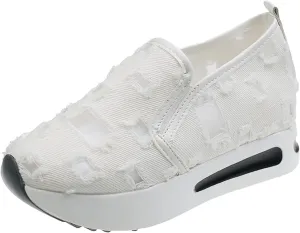 Women's Hollow Canvas Platform Loafers Mesh Slip On Walking Shoes Breathable Walking Work Shoes with Arch Support Non-Slip Wedge Casual Shoe