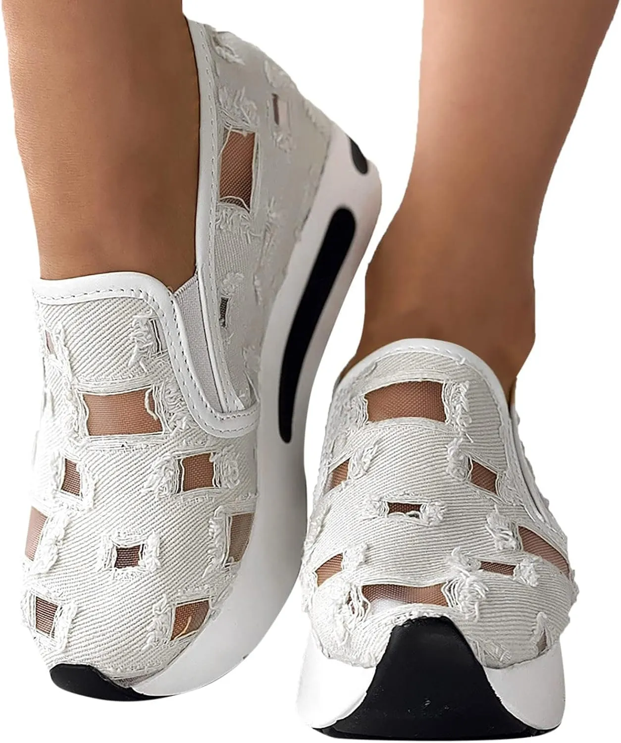 Women's Hollow Canvas Platform Loafers Mesh Slip On Walking Shoes Breathable Walking Work Shoes with Arch Support Non-Slip Wedge Casual Shoe