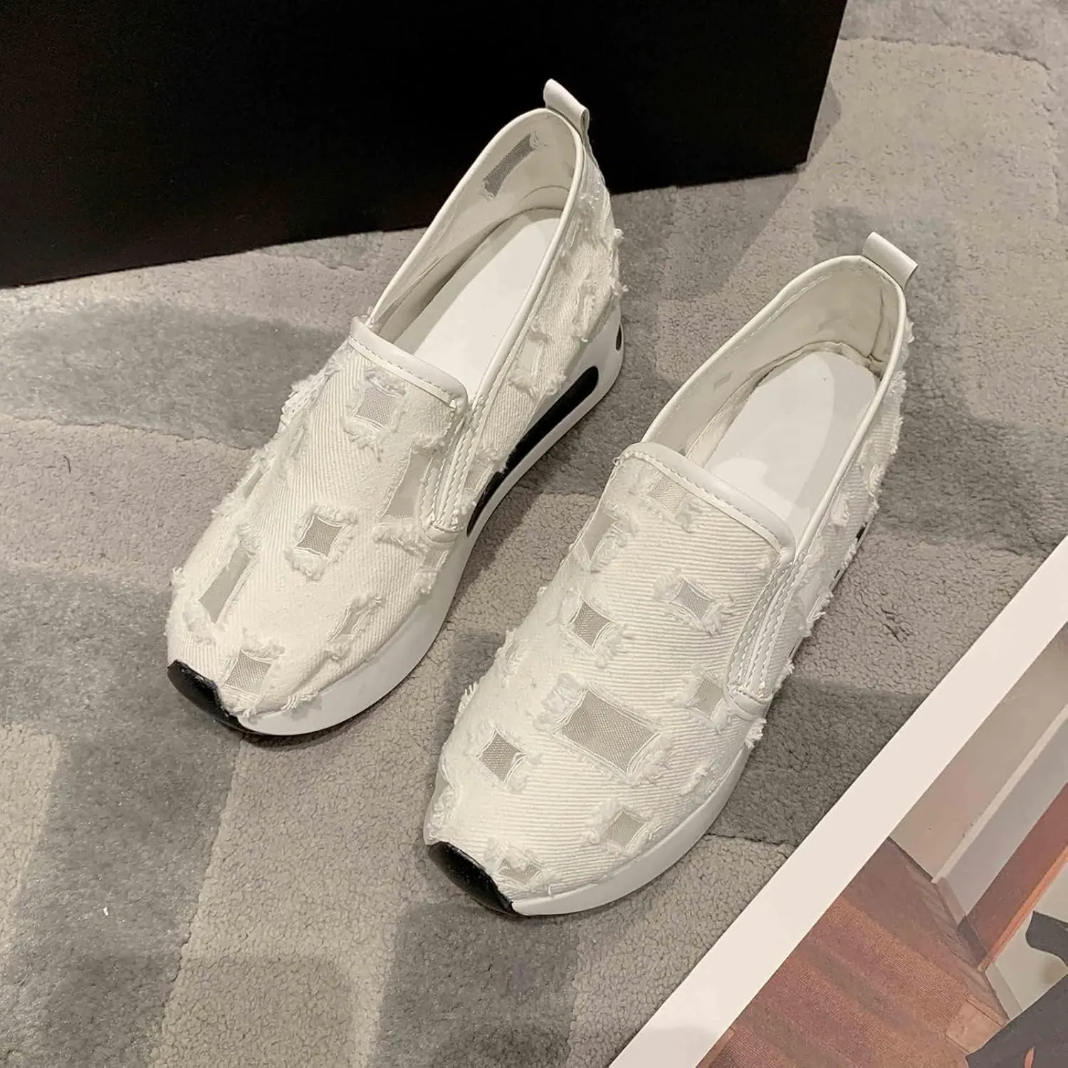 Women's Hollow Canvas Platform Loafers Mesh Slip On Walking Shoes Breathable Walking Work Shoes with Arch Support Non-Slip Wedge Casual Shoe