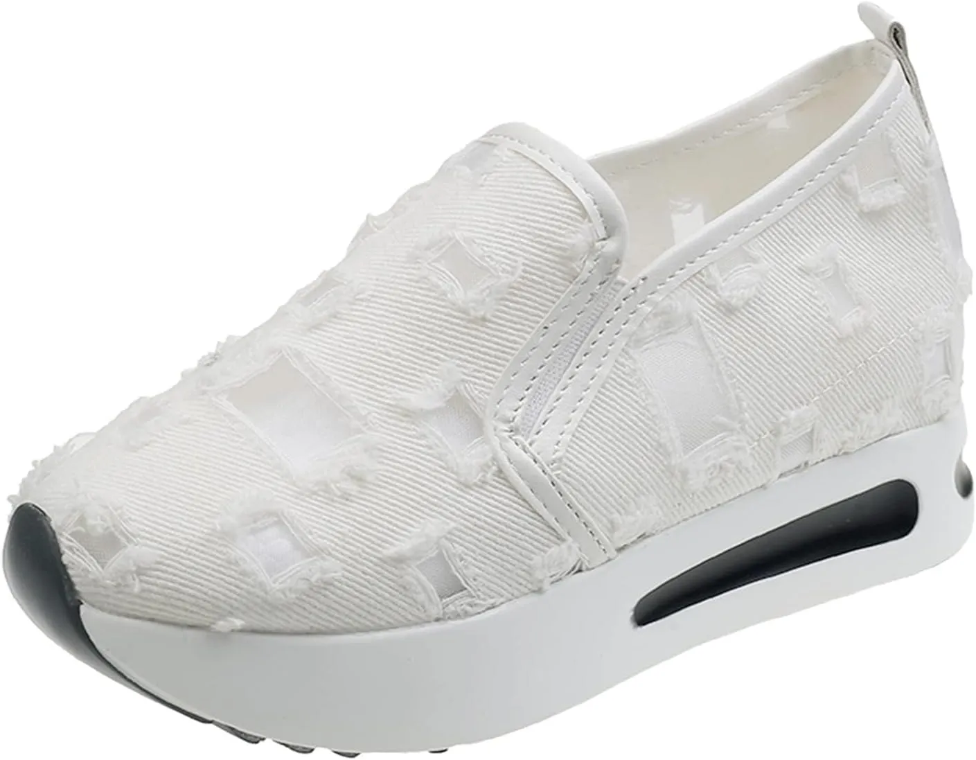 Women's Hollow Canvas Platform Loafers Mesh Slip On Walking Shoes Breathable Walking Work Shoes with Arch Support Non-Slip Wedge Casual Shoe