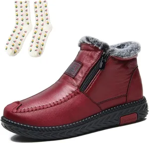 Women's Leather Fur Lined Winter Warm Snow Boots,Winter Front Zipper Anti-Slip Waterproof Soft Sole Shoes