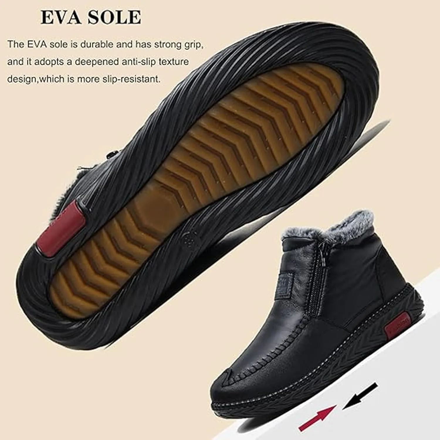 Women's Leather Fur Lined Winter Warm Snow Boots,Winter Front Zipper Anti-Slip Waterproof Soft Sole Shoes