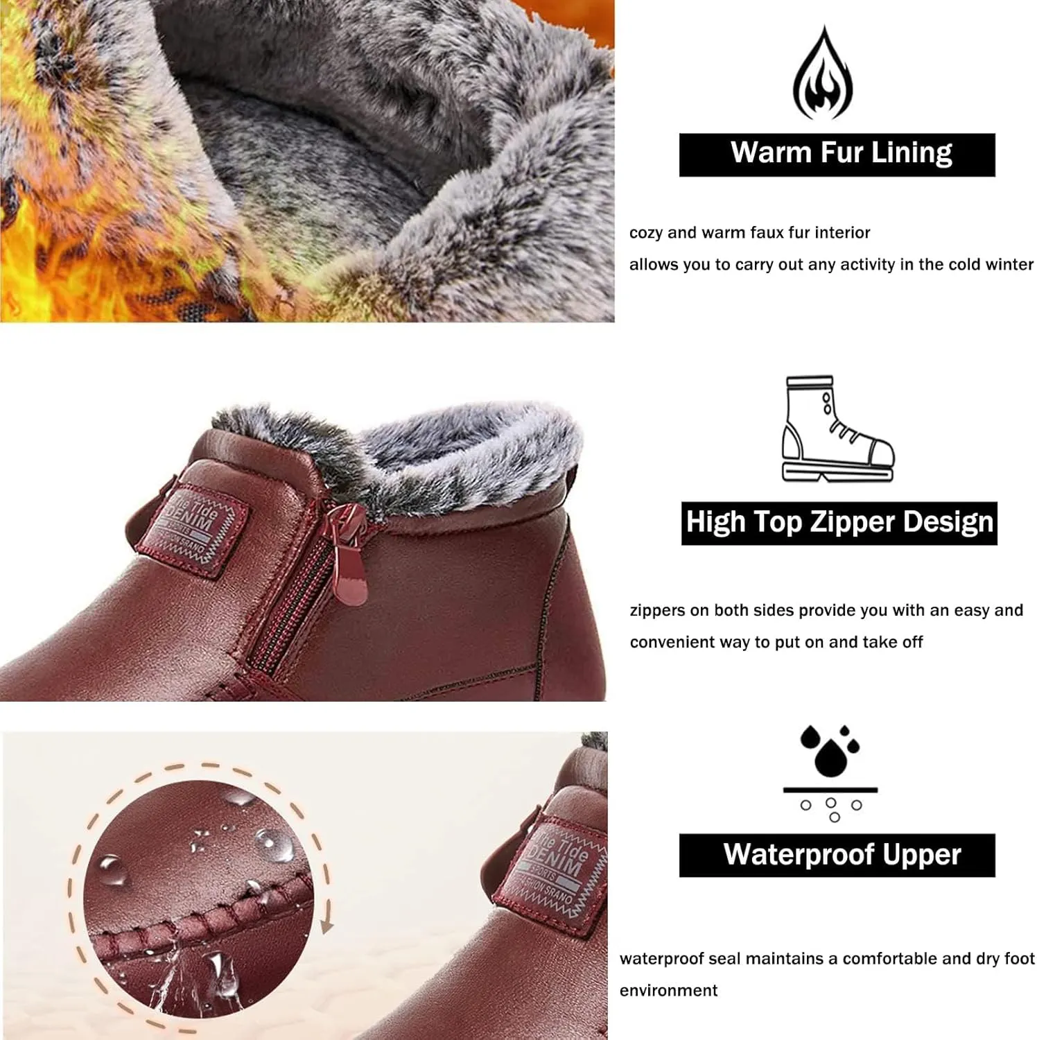 Women's Leather Fur Lined Winter Warm Snow Boots,Winter Front Zipper Anti-Slip Waterproof Soft Sole Shoes
