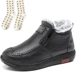 Women's Leather Fur Lined Winter Warm Snow Boots,Winter Front Zipper Anti-Slip Waterproof Soft Sole Shoes
