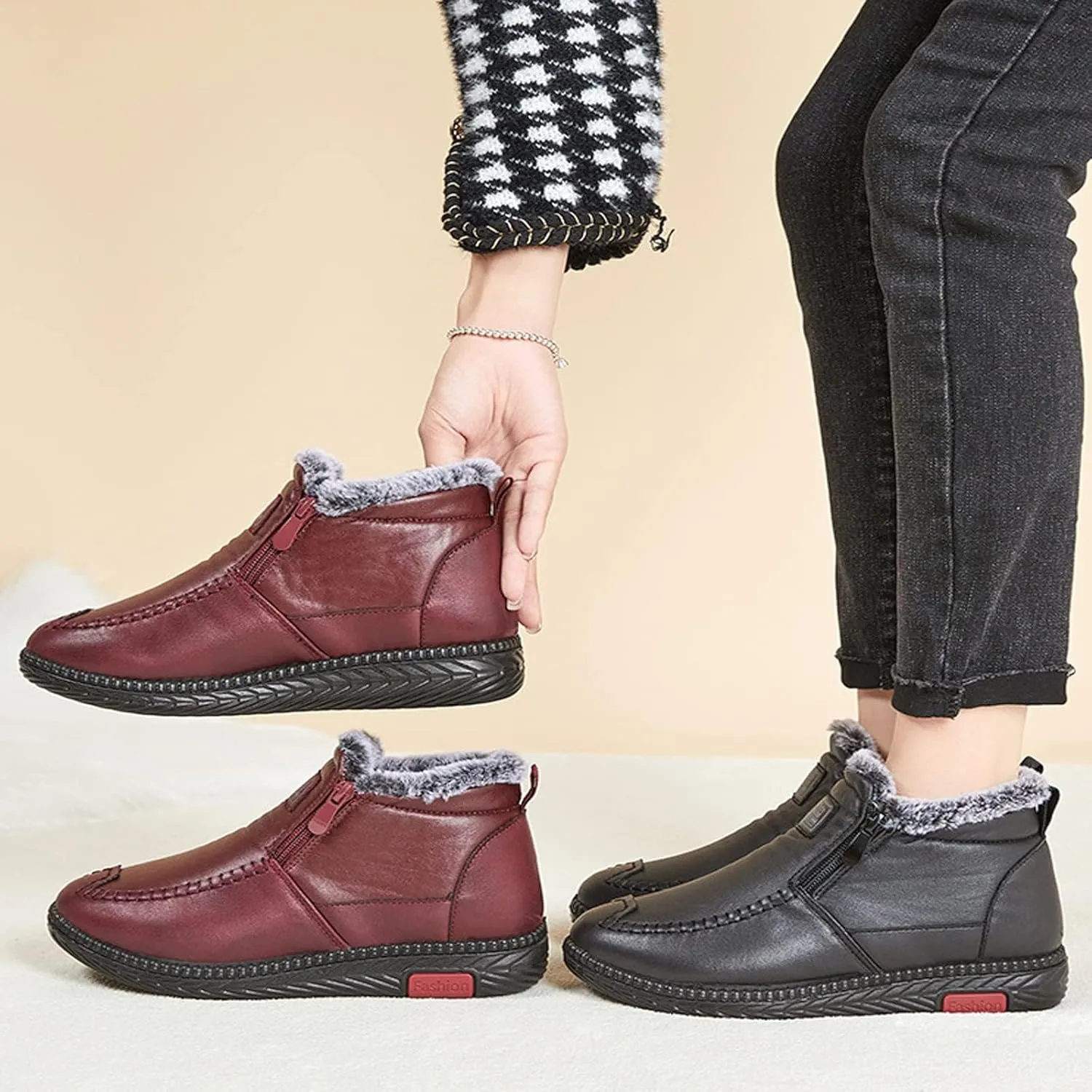 Women's Leather Fur Lined Winter Warm Snow Boots,Winter Front Zipper Anti-Slip Waterproof Soft Sole Shoes