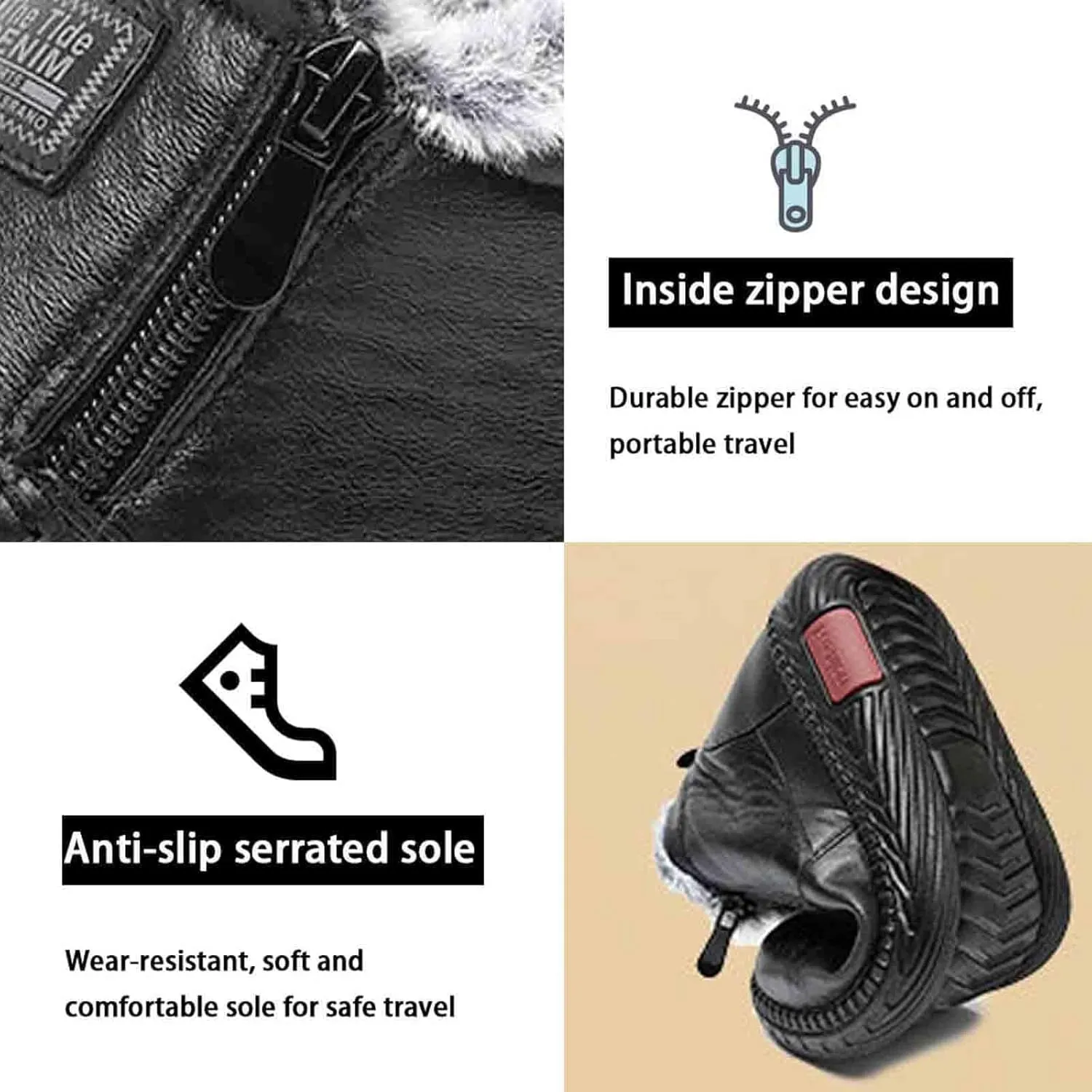 Women's Leather Fur Lined Winter Warm Snow Boots,Winter Front Zipper Anti-Slip Waterproof Soft Sole Shoes
