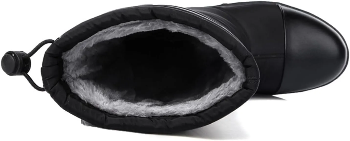 Women's Mid Calf Boots Fleece Lined Warm Snow Boots Solid Insulated Snow Boots Outdoor Leather Winter Boots