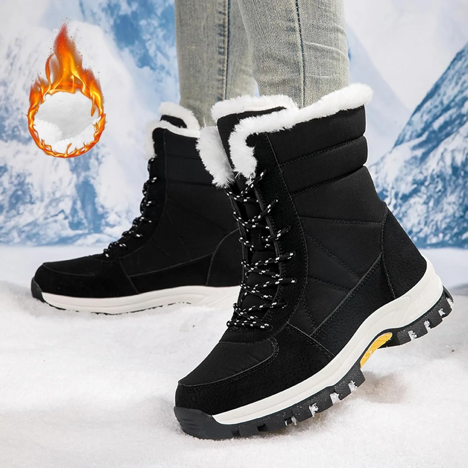Women's Mid Calf Snow Boots Thickened Warm Fleece Winter Boots Lace Up Cold Proof Boots Outdoor Snow Boot