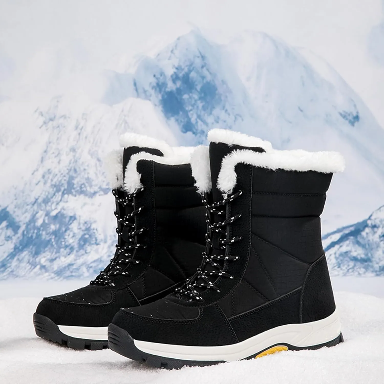 Women's Mid Calf Snow Boots Thickened Warm Fleece Winter Boots Lace Up Cold Proof Boots Outdoor Snow Boot