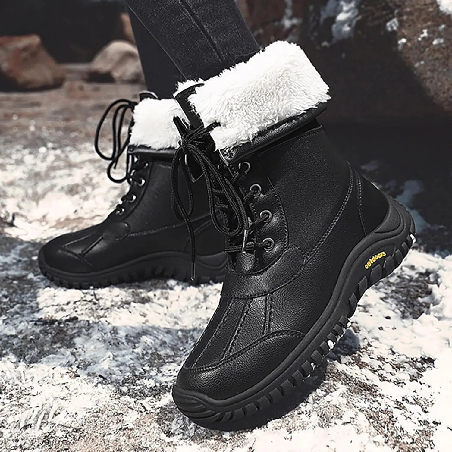 Women's Mid Calf Snow Boots Water Proof Insulated Boots Fleece Lined Winter Women's Warm Lace up Snow Boots
