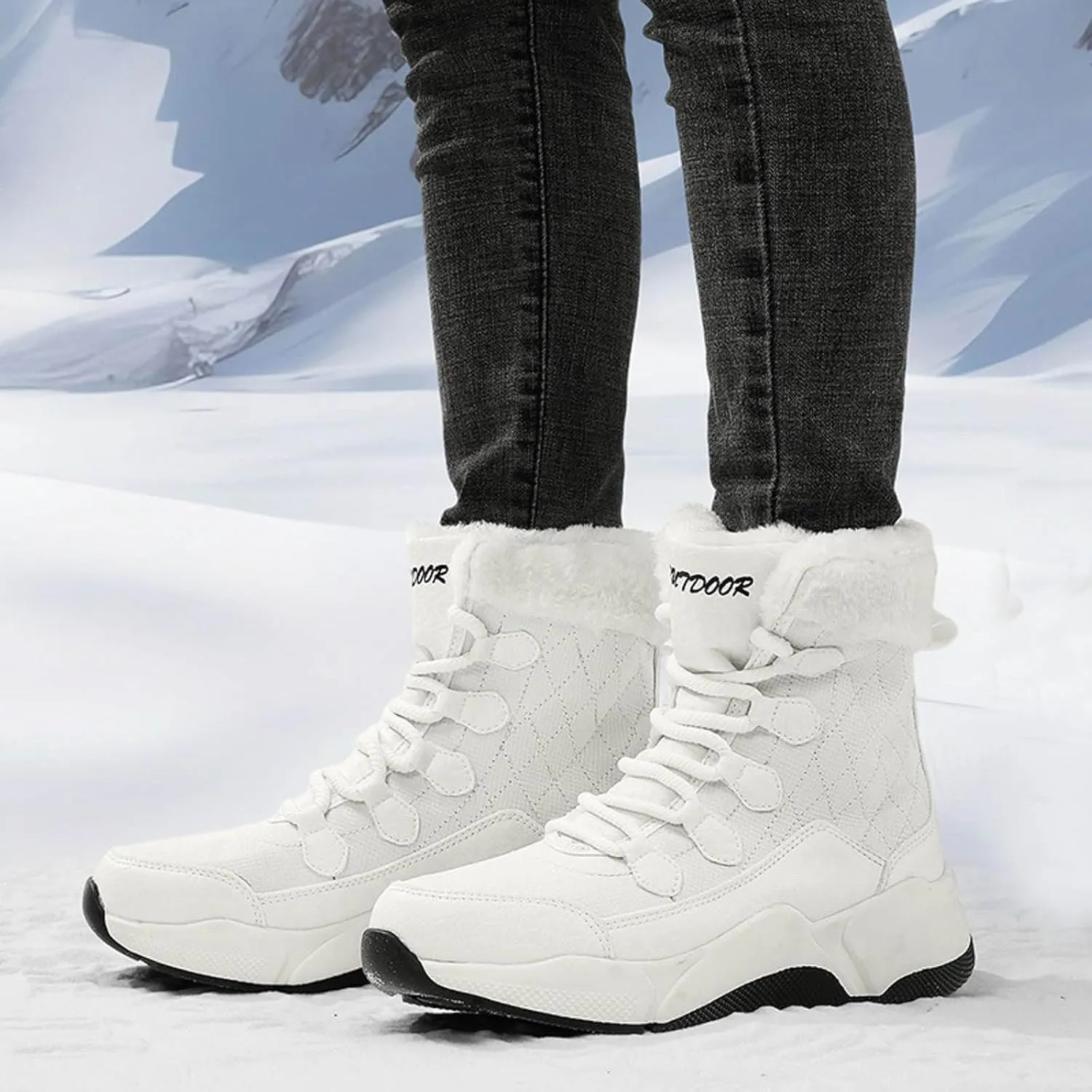 Women's Plush Insulated Snow Boots Lace Up Mid Calf Boots Fashion Winter Warm Boots Non Snow Boots for Women