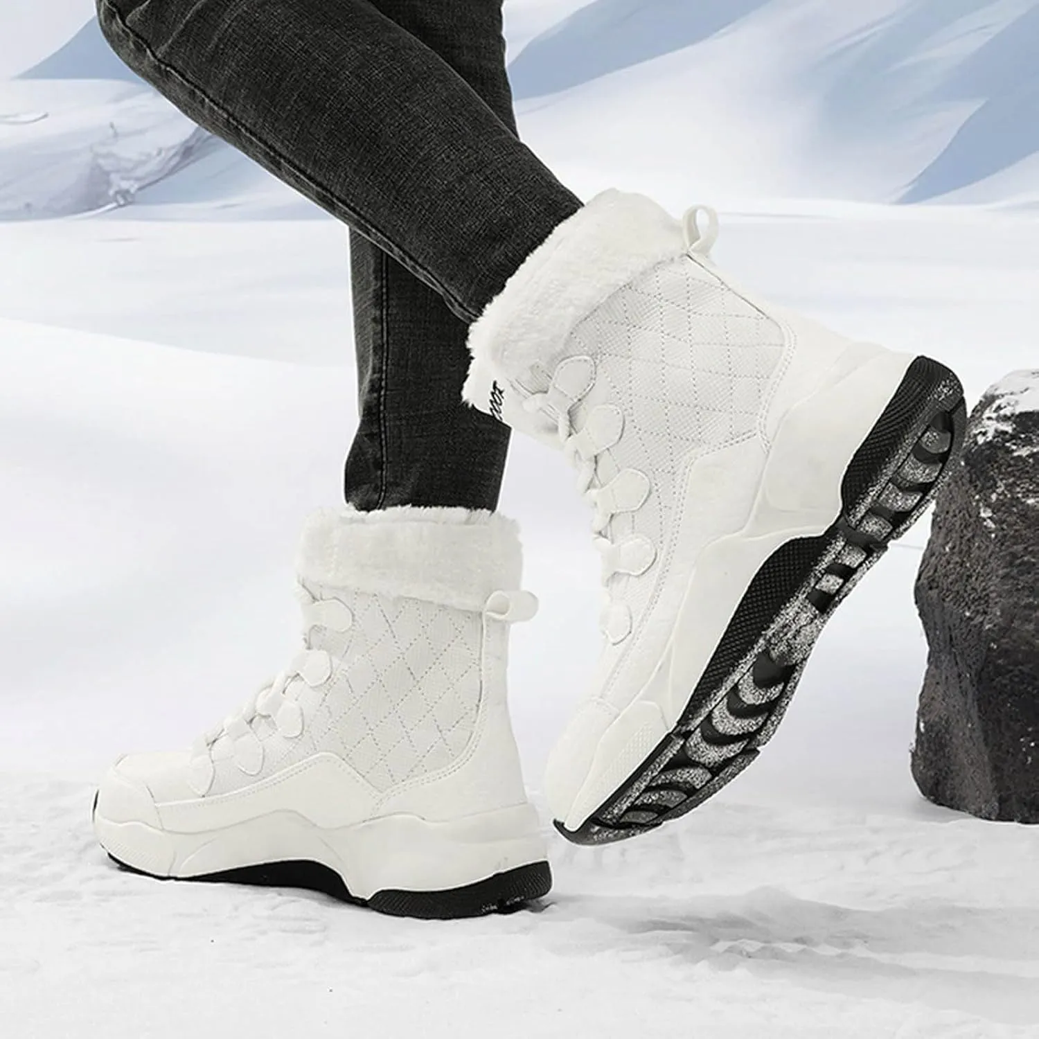 Women's Plush Insulated Snow Boots Lace Up Mid Calf Boots Fashion Winter Warm Boots Non Snow Boots for Women