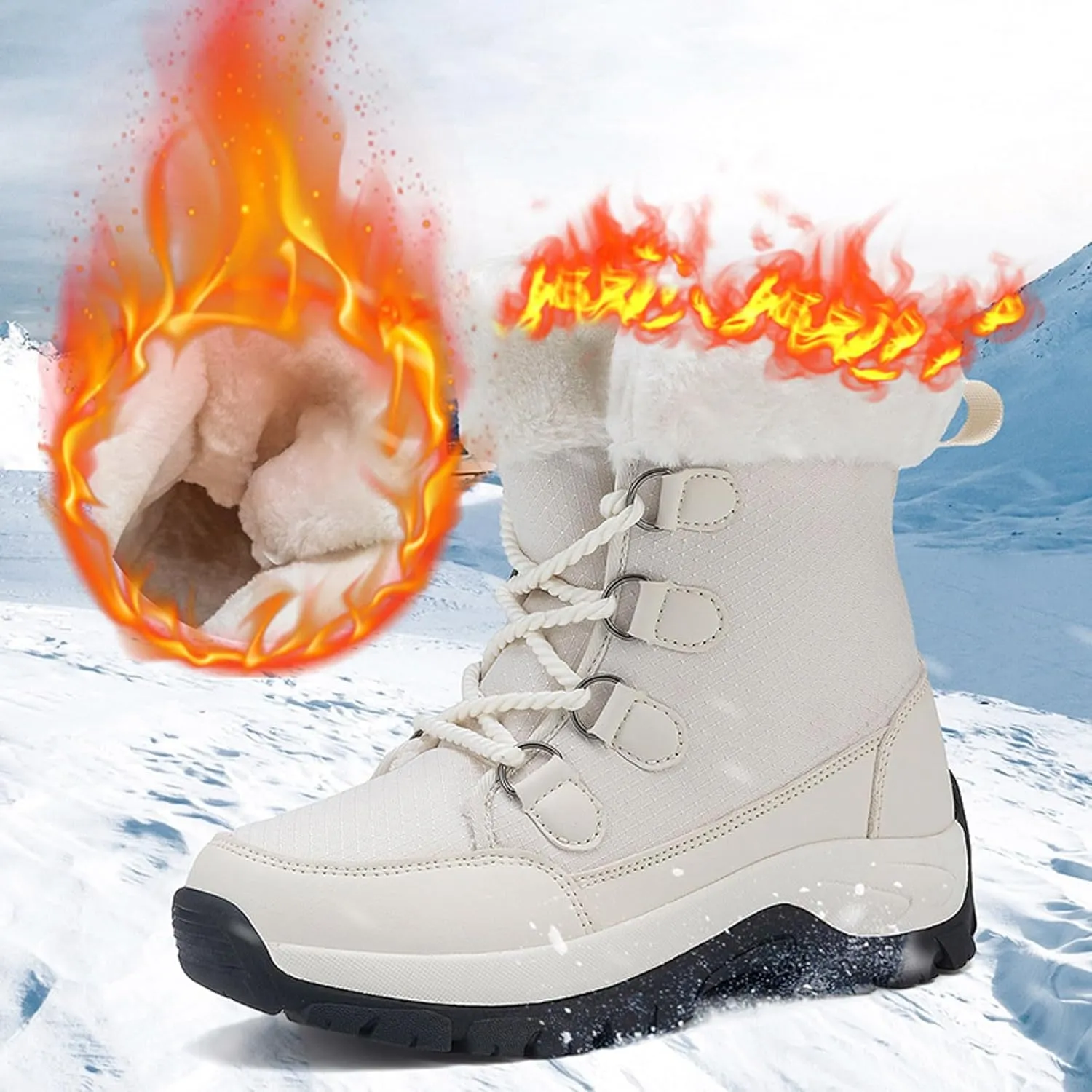 Women's Plush Thick Bottom Snow Boots Water Proof Insulated Winter Boots Fashion Lace Up Non Slip Boots