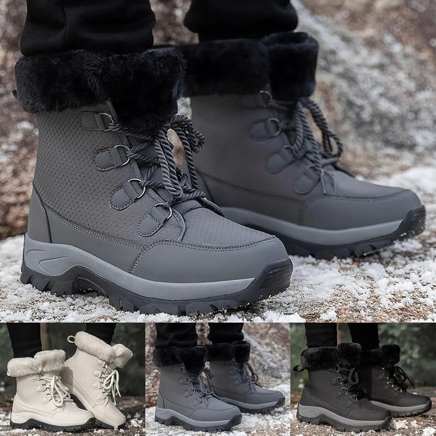Women's Plush Thick Bottom Snow Boots Water Proof Insulated Winter Boots Fashion Lace Up Non Slip Boots