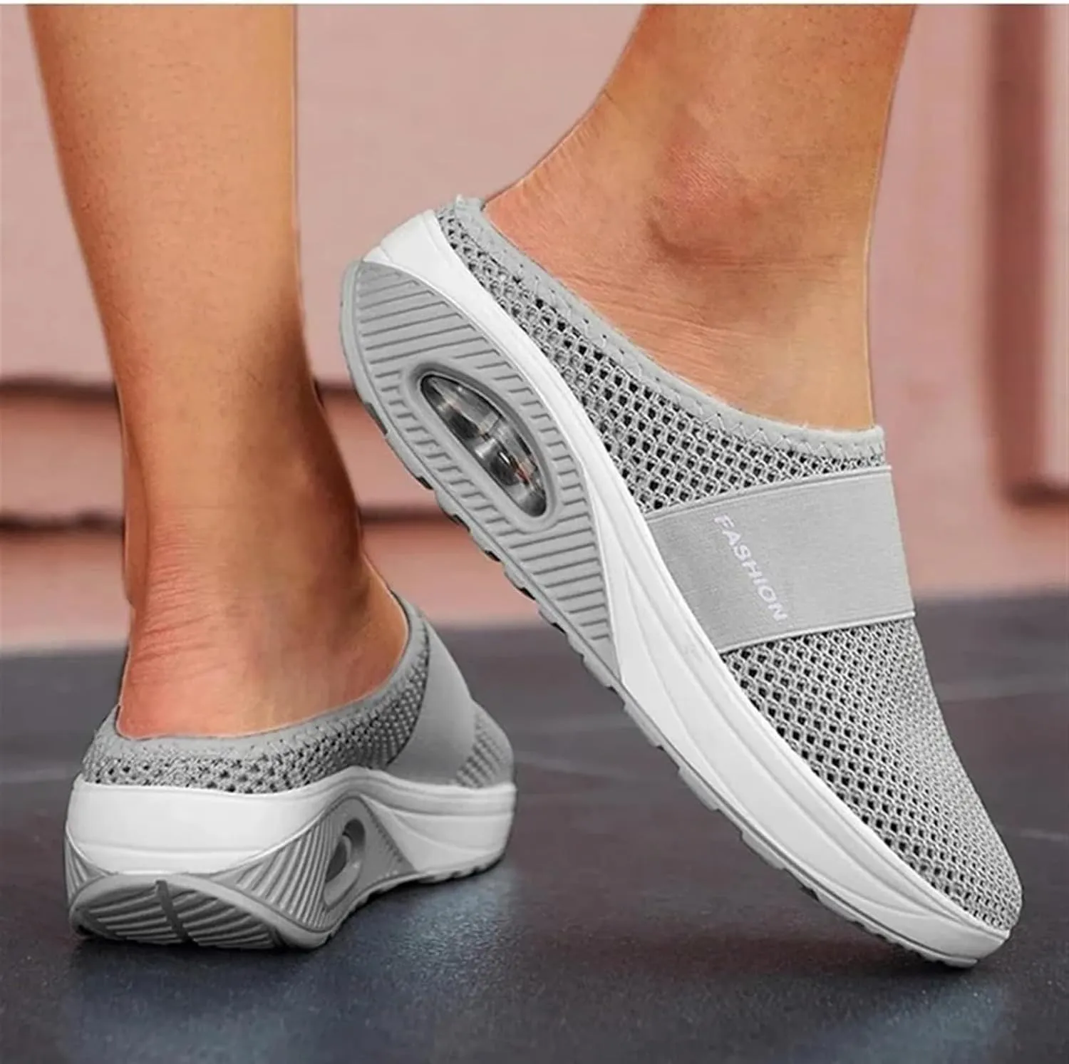 Womens Slip On Walking Shoes Air Cushion Orthopedic Diabetic Go Walk Shoes Breathable Platform Heel Slippers with Arch Support Casual Slippers