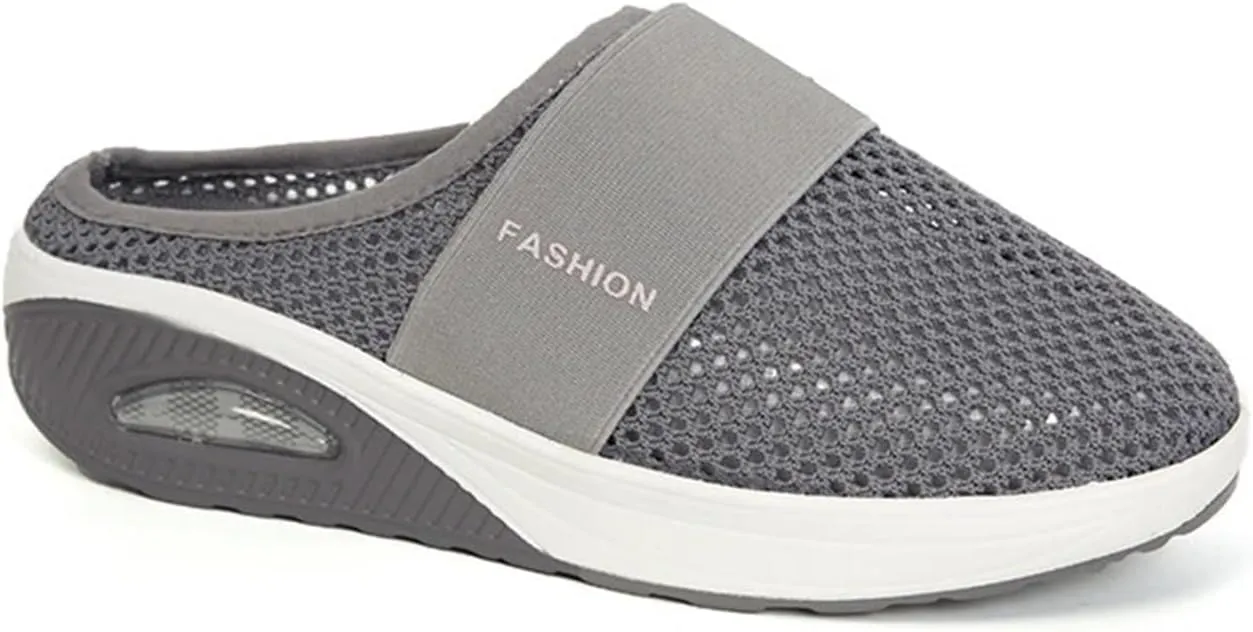 Womens Slip On Walking Shoes Air Cushion Orthopedic Diabetic Go Walk Shoes Breathable Platform Heel Slippers with Arch Support Casual Slippers