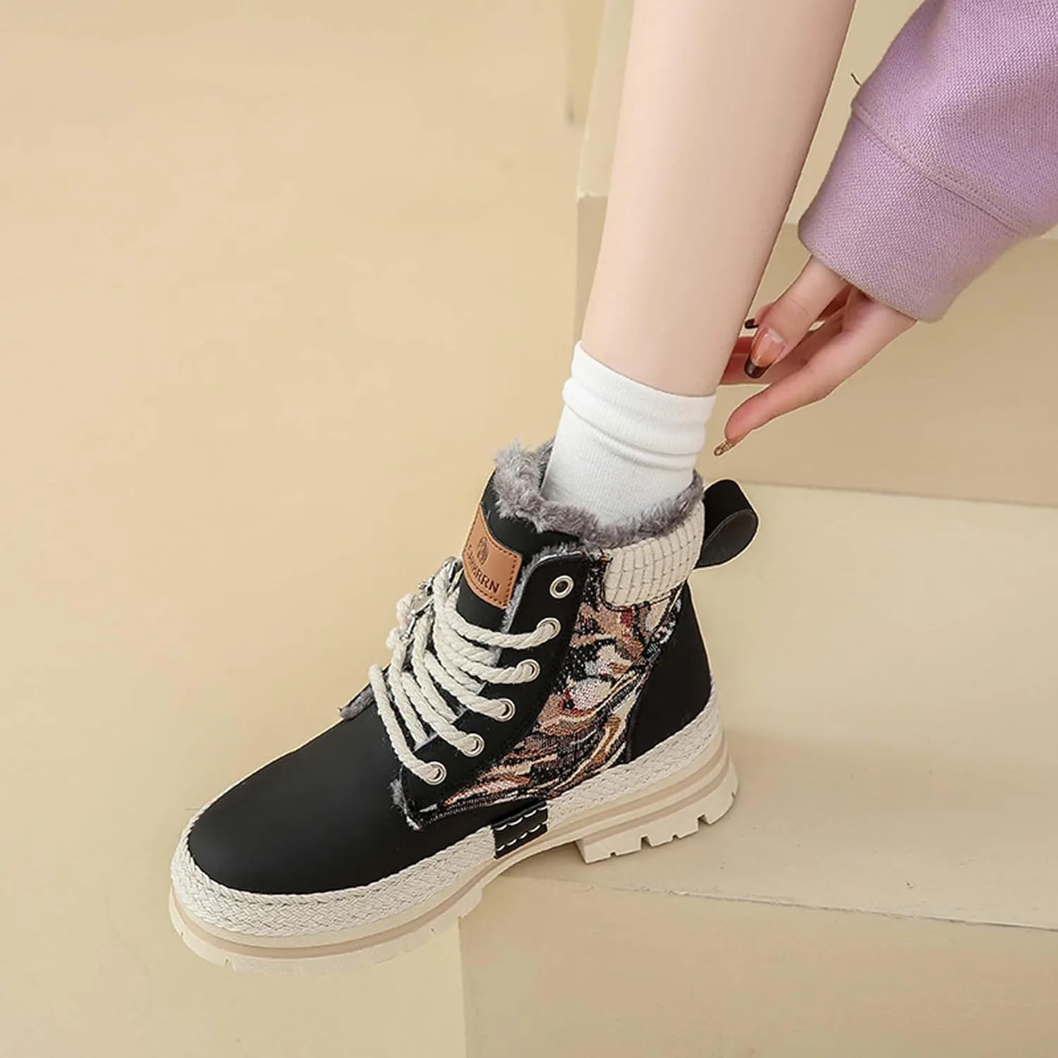 Women's snow boots with warm fur lining, winter boots with anti slip ankle boots, mid calf snow boots, waterproof and cold resistant outdoor women's walking shoes