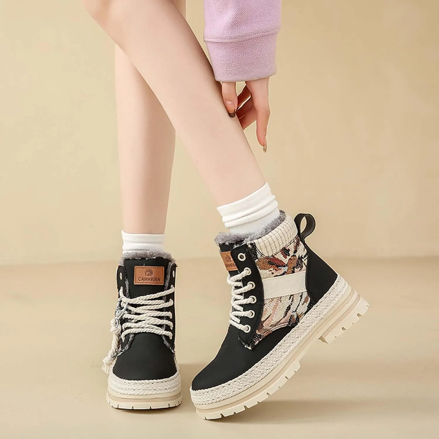 Women's snow boots with warm fur lining, winter boots with anti slip ankle boots, mid calf snow boots, waterproof and cold resistant outdoor women's walking shoes