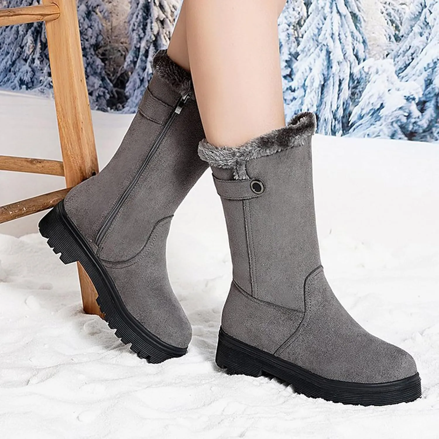 Women's Suede Mid Calf Boots Fleece Lined Warm Snow Boots Non Slip Thick Bottom Winter Boots Cute Fall Boots