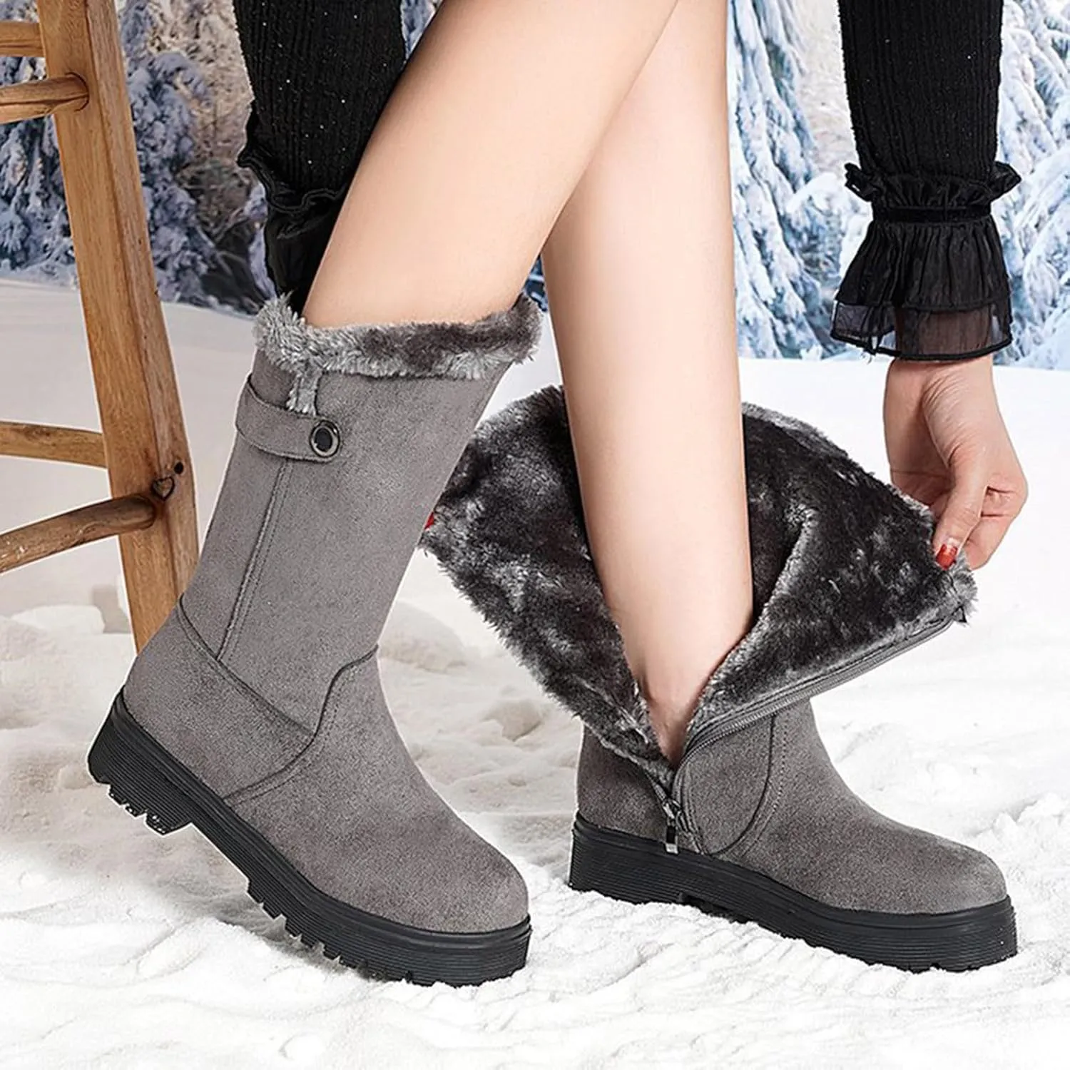 Women's Suede Mid Calf Boots Fleece Lined Warm Snow Boots Non Slip Thick Bottom Winter Boots Cute Fall Boots