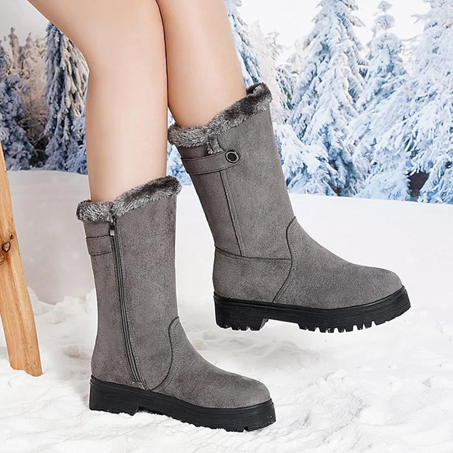 Women's Suede Mid Calf Boots Fleece Lined Warm Snow Boots Non Slip Thick Bottom Winter Boots Cute Fall Boots