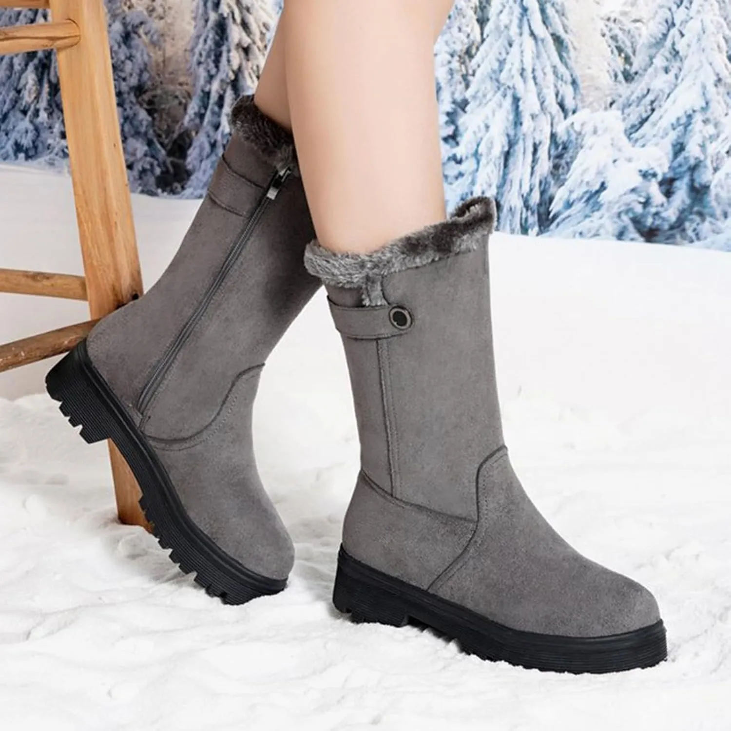 Women's Suede Mid Calf Boots Fleece Lined Warm Snow Boots Non Slip Thick Bottom Winter Boots Cute Fall Boots