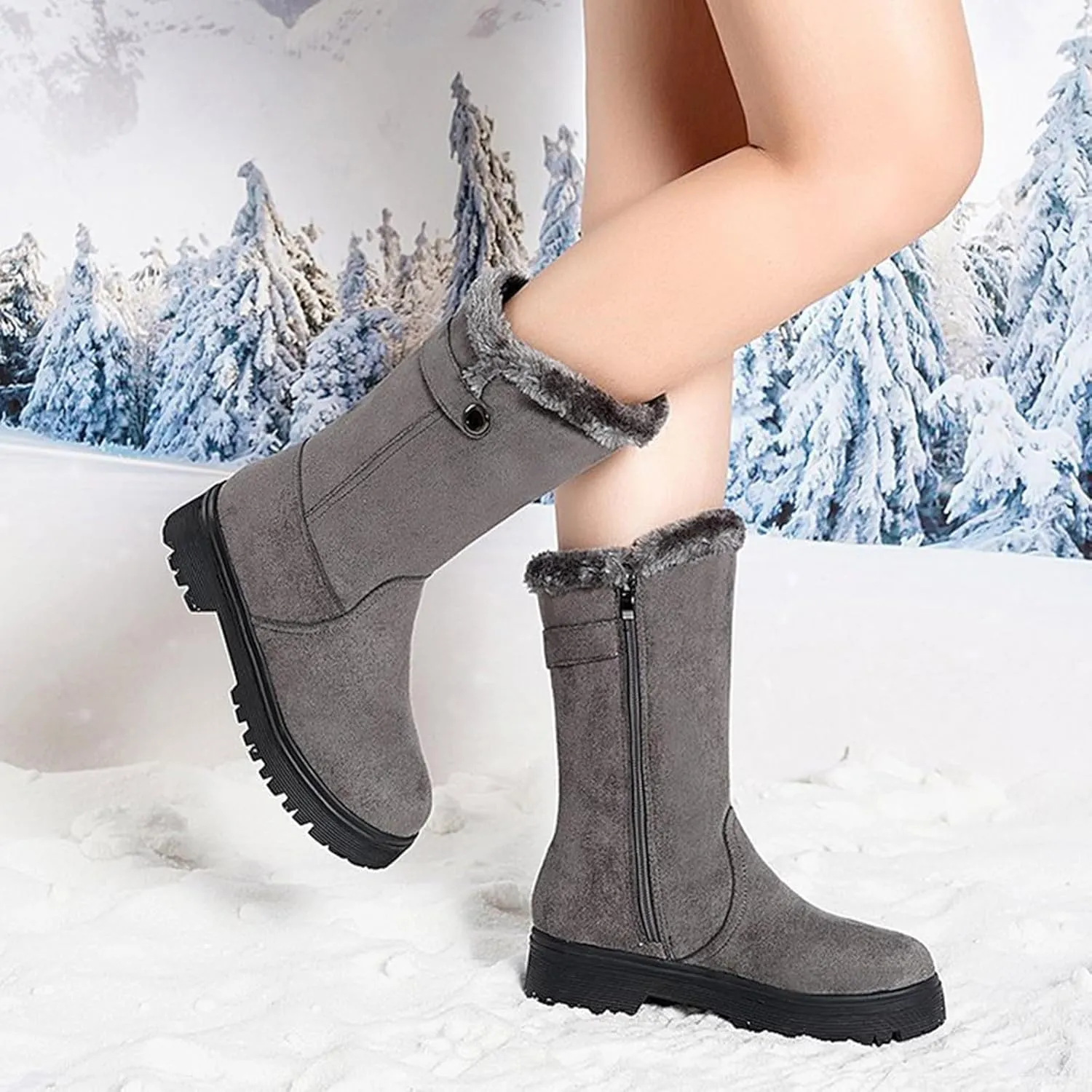 Women's Suede Mid Calf Boots Fleece Lined Warm Snow Boots Non Slip Thick Bottom Winter Boots Cute Fall Boots