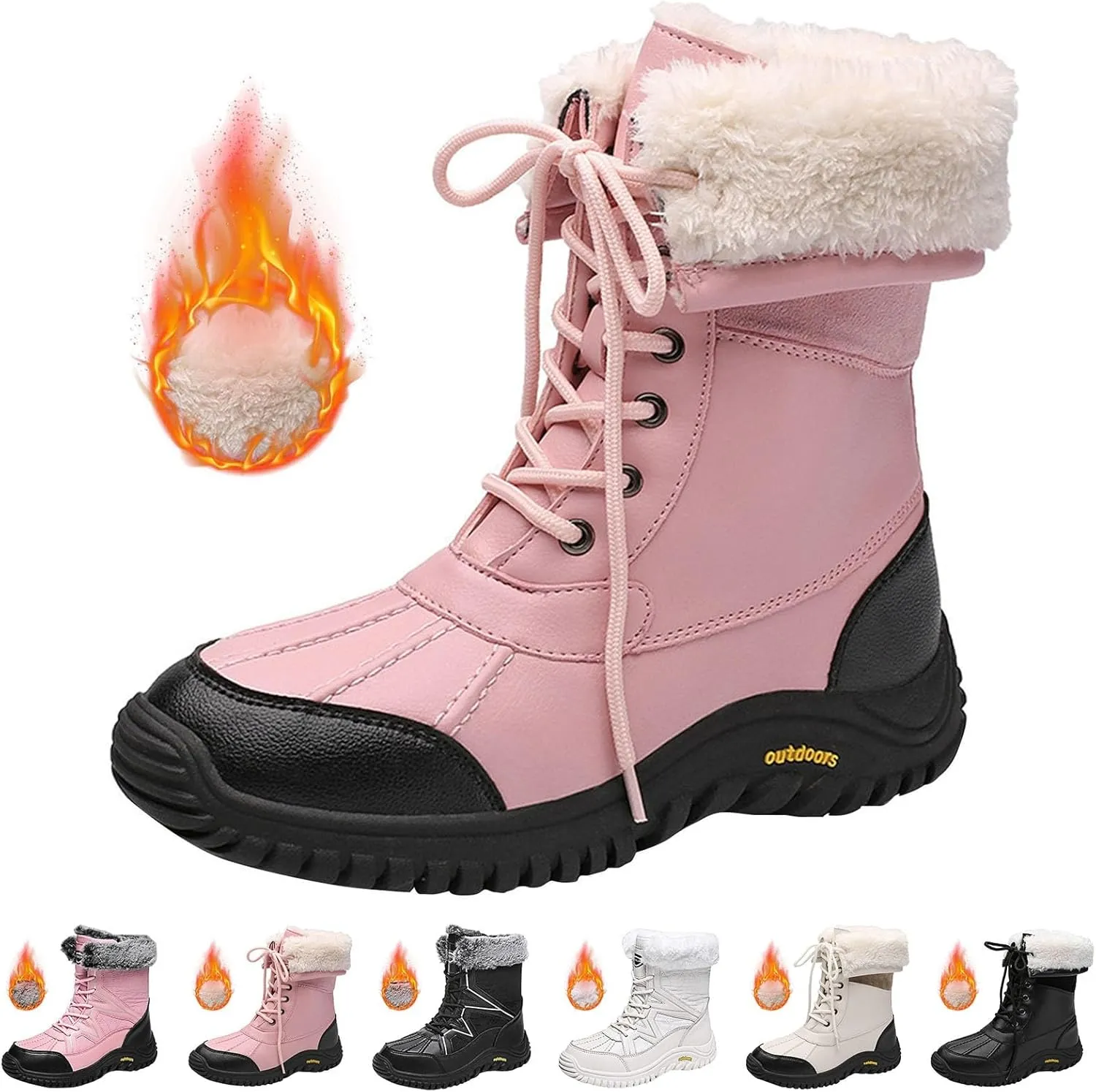 Women's Winter Boots Waterproof Warm Plush Lined Ladies Snow Boots Fashion Mid Leather Boots Lace Up Insulated