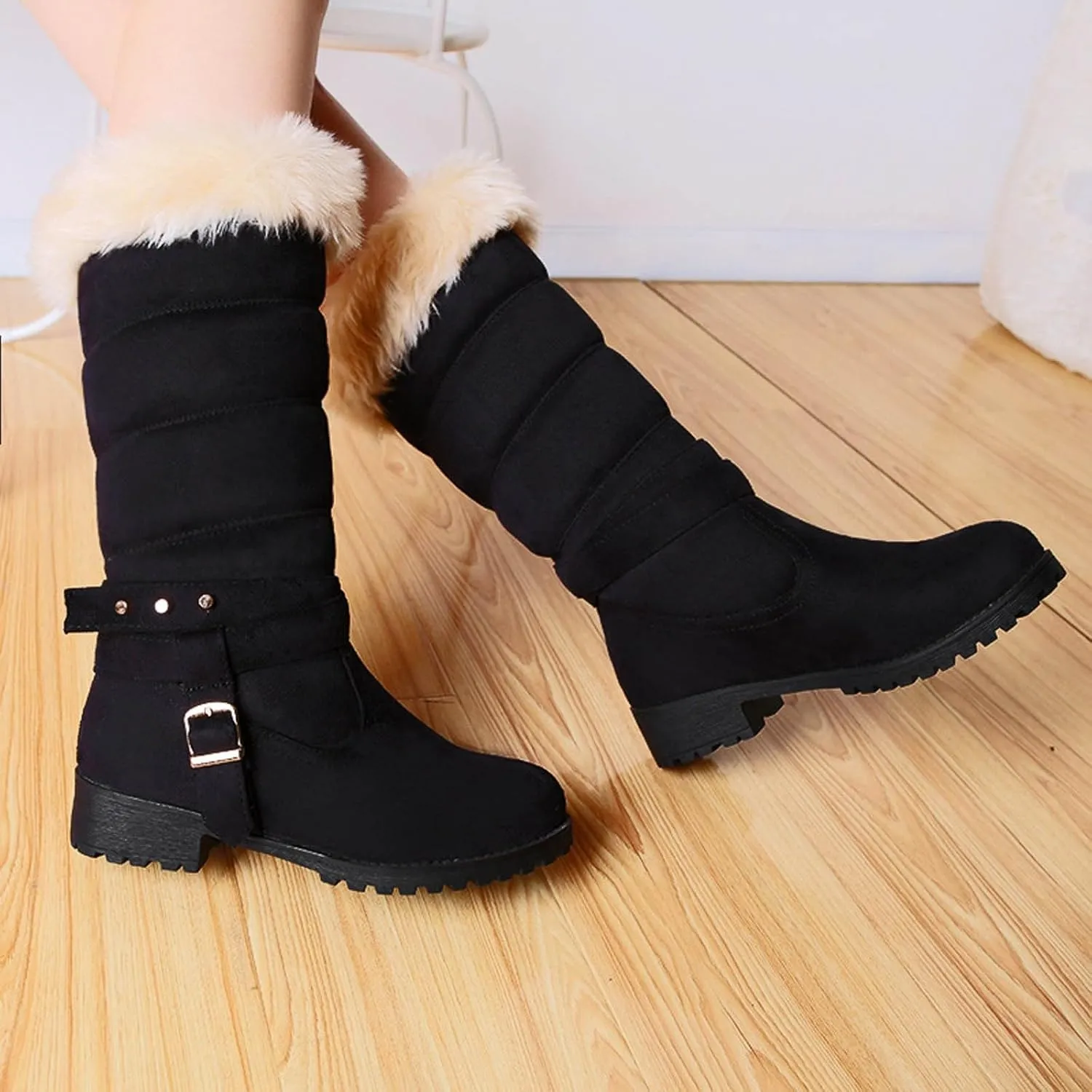 Women's Winter Snow Boots Fashionable Versatile Mid-Calf Furry Boots Fleece Lined Warm Boots Snow Boots for Women