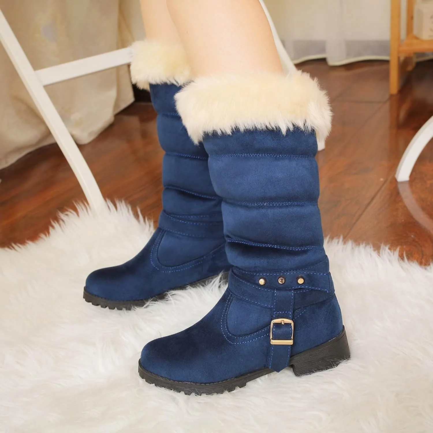 Women's Winter Snow Boots Fashionable Versatile Mid-Calf Furry Boots Fleece Lined Warm Boots Snow Boots for Women