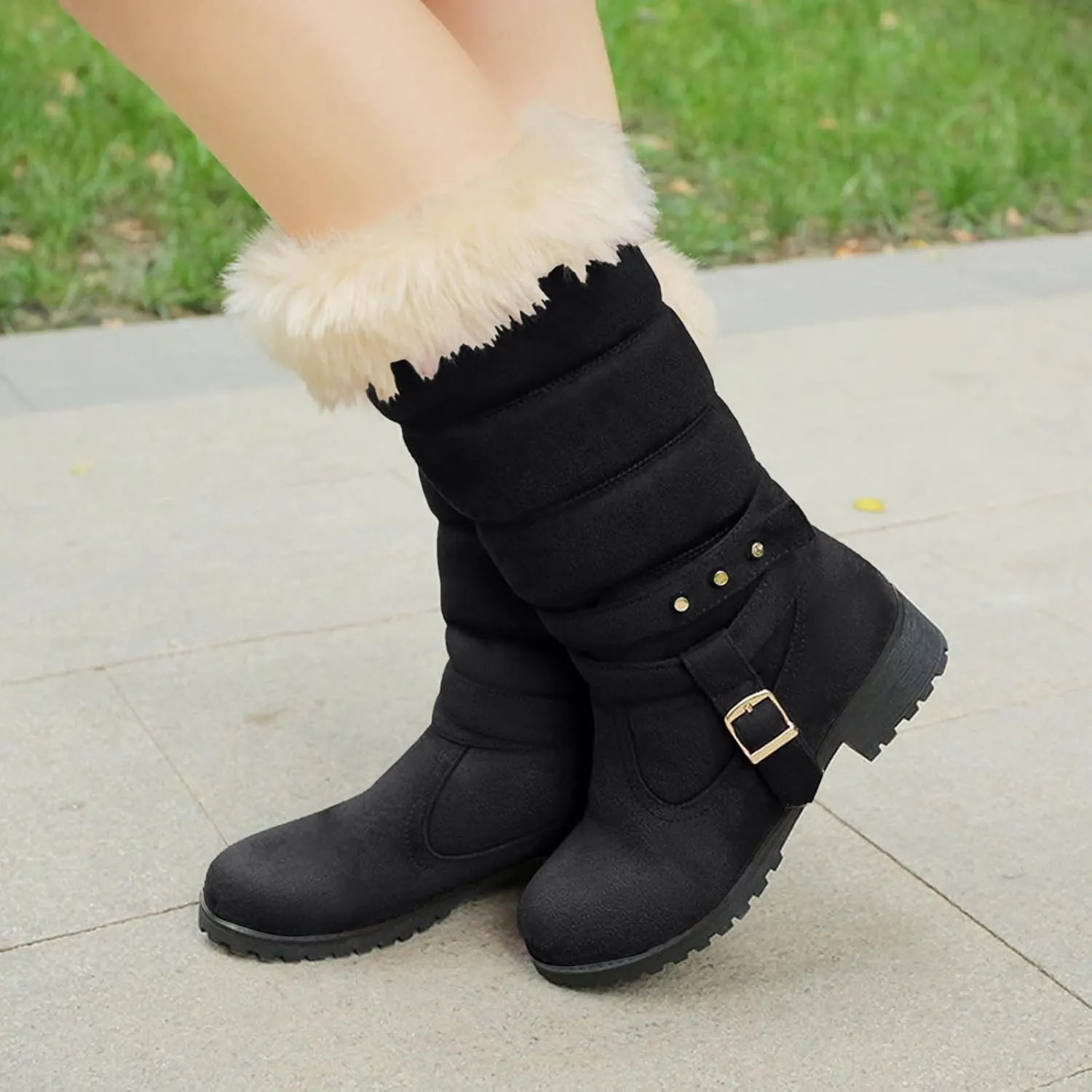 Women's Winter Snow Boots Fashionable Versatile Mid-Calf Furry Boots Fleece Lined Warm Boots Snow Boots for Women