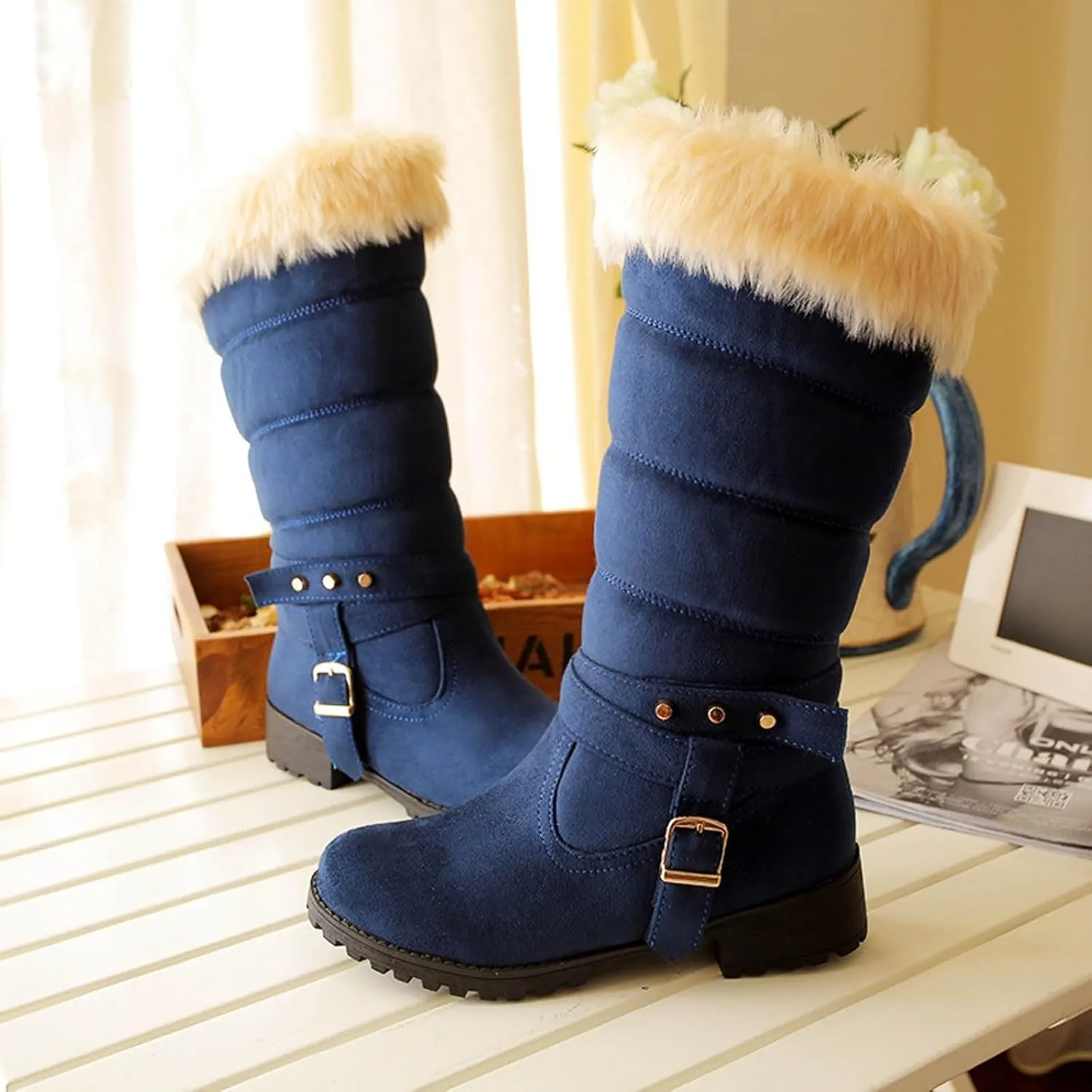 Women's Winter Snow Boots Fashionable Versatile Mid-Calf Furry Boots Fleece Lined Warm Boots Snow Boots for Women