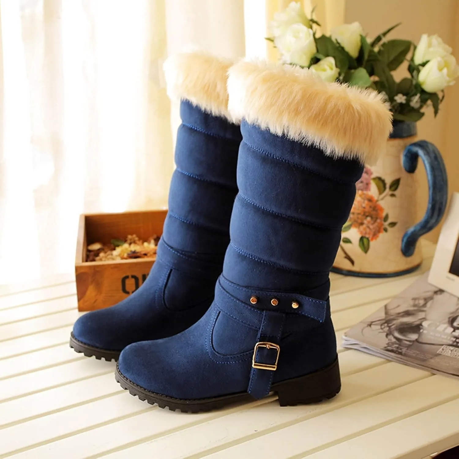 Women's Winter Snow Boots Fashionable Versatile Mid-Calf Furry Boots Fleece Lined Warm Boots Snow Boots for Women