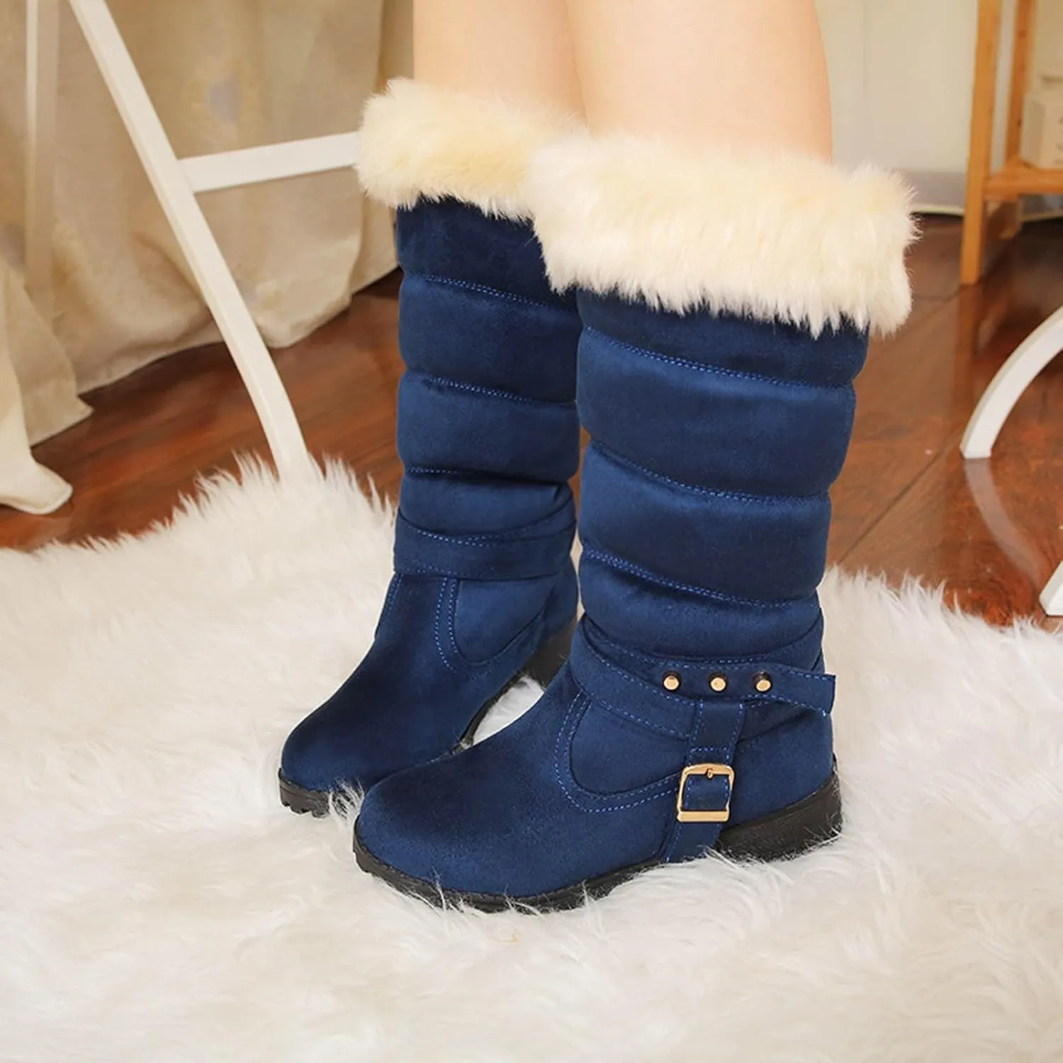 Women's Winter Snow Boots Fashionable Versatile Mid-Calf Furry Boots Fleece Lined Warm Boots Snow Boots for Women
