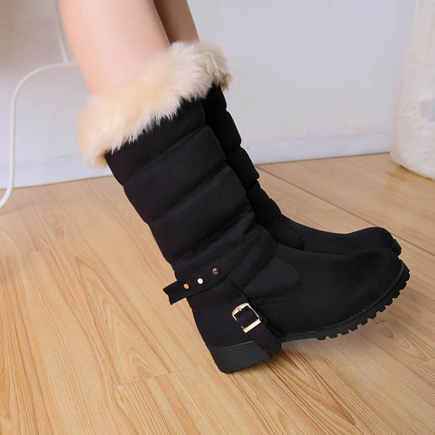 Women's Winter Snow Boots Fashionable Versatile Mid-Calf Furry Boots Fleece Lined Warm Boots Snow Boots for Women