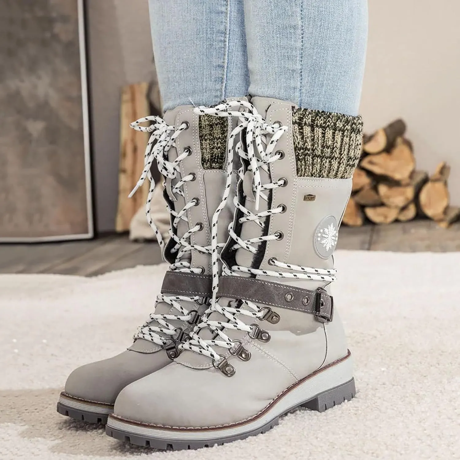 Women's Winter Warm Boots Fashion Belt Square Heel Snow Boots Lace Up Mid Tube Boots Wide Calf Boots for Women