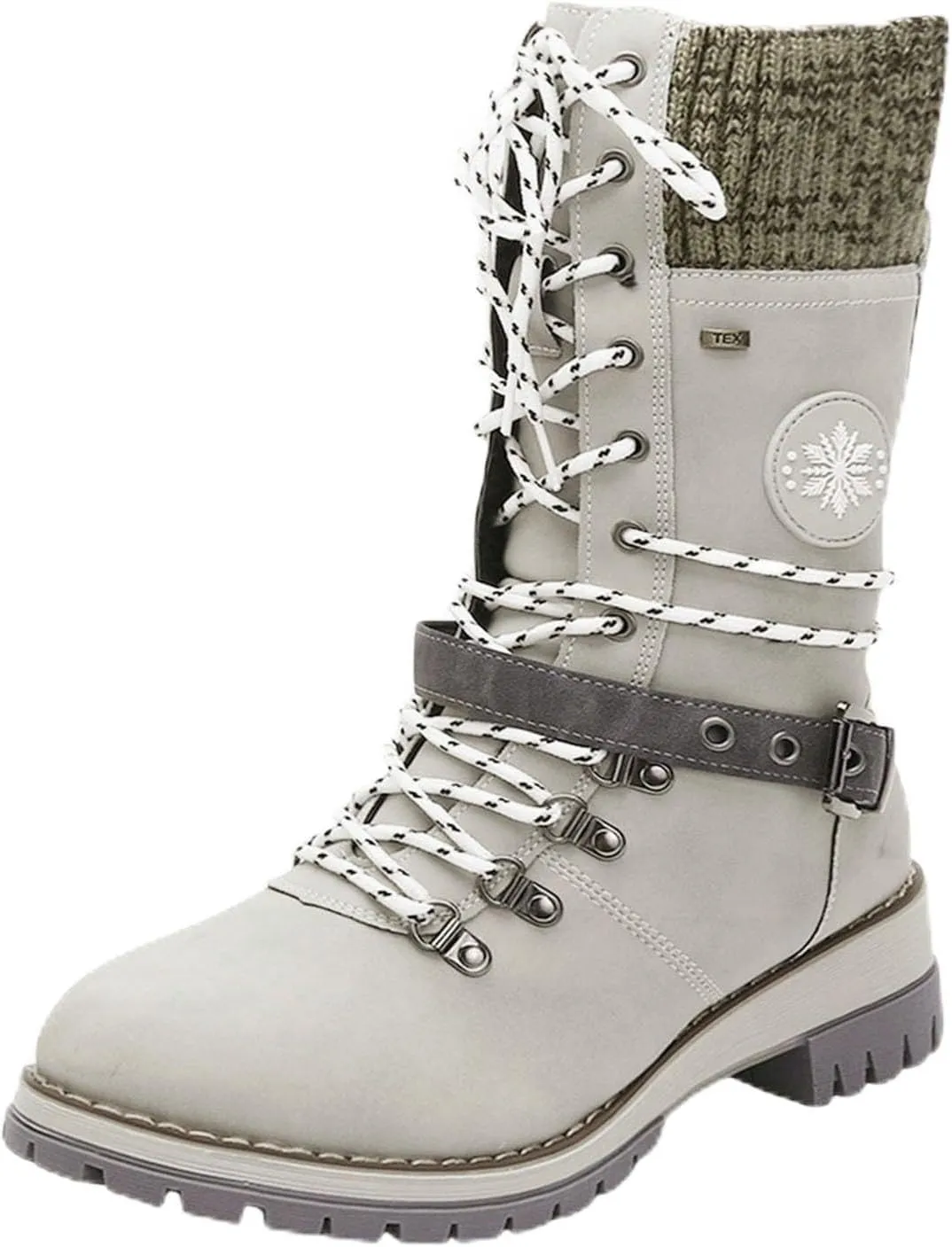 Women's Winter Warm Boots Fashion Belt Square Heel Snow Boots Lace Up Mid Tube Boots Wide Calf Boots for Women