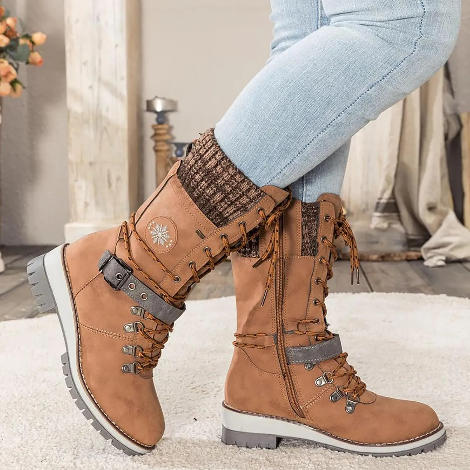 Women's Winter Warm Boots Fashion Belt Square Heel Snow Boots Lace Up Mid Tube Boots Wide Calf Boots for Women