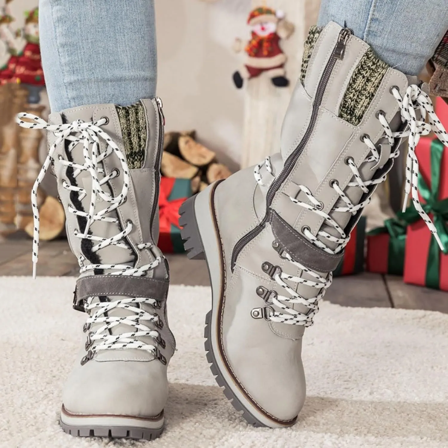 Women's Winter Warm Boots Fashion Belt Square Heel Snow Boots Lace Up Mid Tube Boots Wide Calf Boots for Women