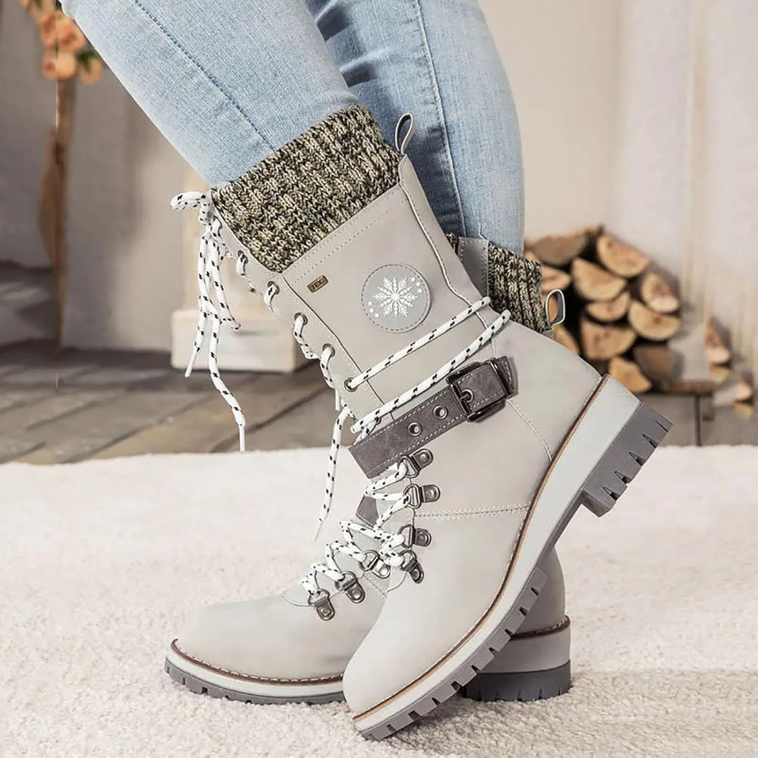Women's Winter Warm Boots Fashion Belt Square Heel Snow Boots Lace Up Mid Tube Boots Wide Calf Boots for Women