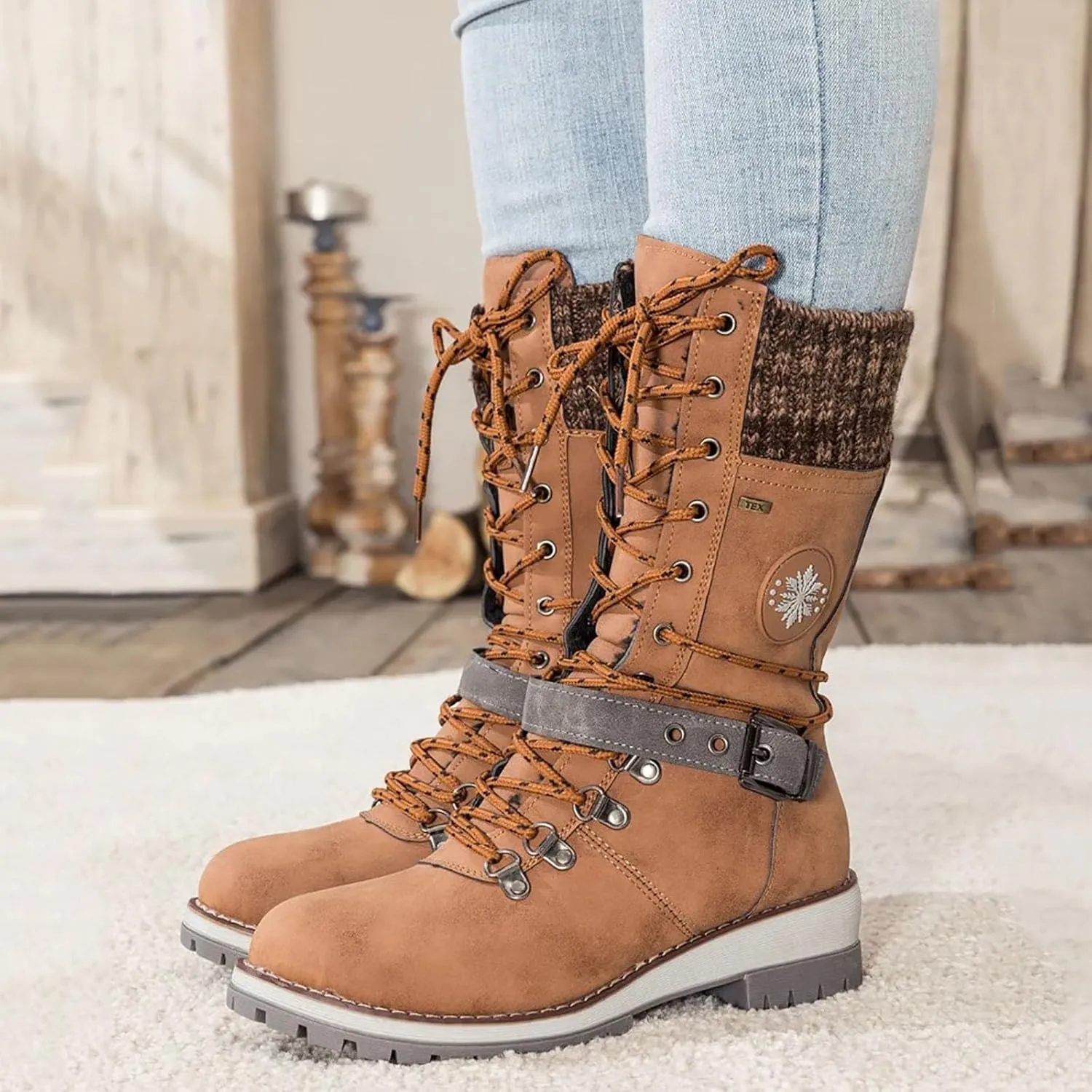 Women's Winter Warm Boots Fashion Belt Square Heel Snow Boots Lace Up Mid Tube Boots Wide Calf Boots for Women
