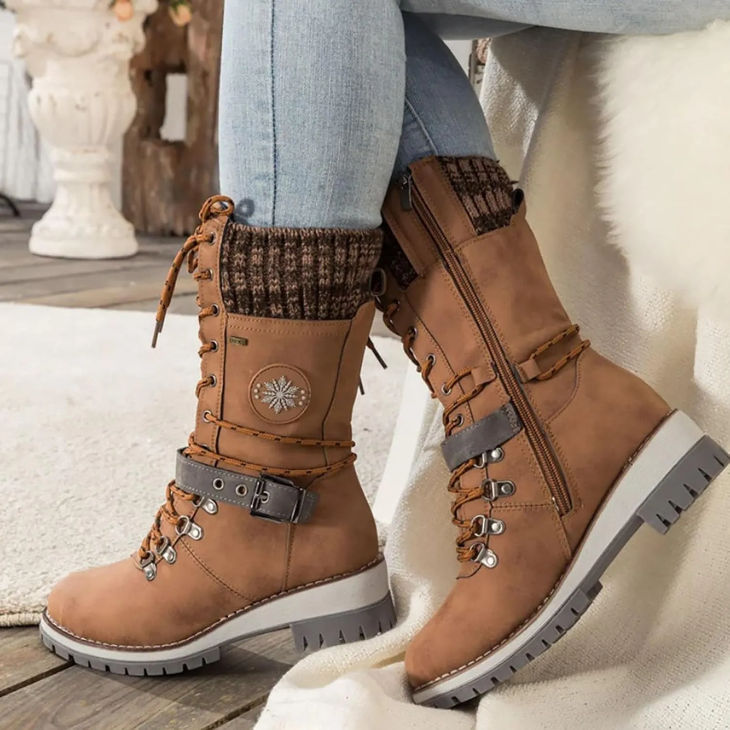 Women's Winter Warm Boots Fashion Belt Square Heel Snow Boots Lace Up Mid Tube Boots Wide Calf Boots for Women