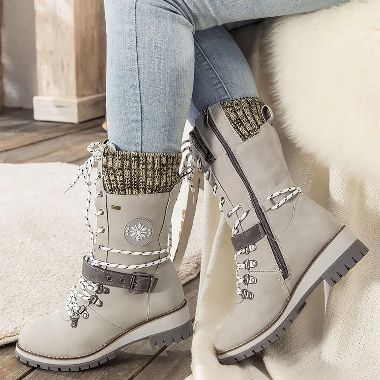 Women's Winter Warm Boots Fashion Belt Square Heel Snow Boots Lace Up Mid Tube Boots Wide Calf Boots for Women