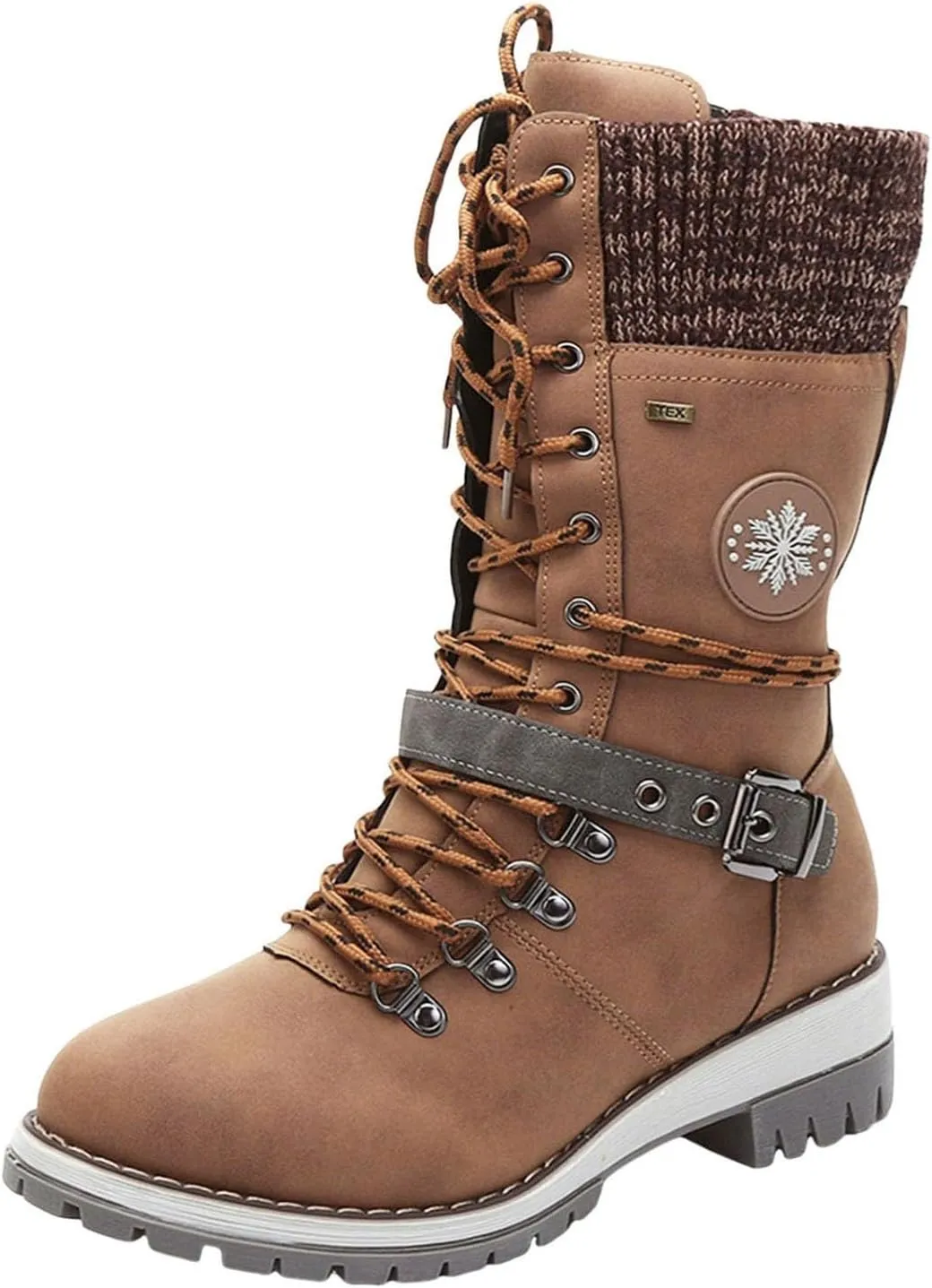 Women's Winter Warm Boots Fashion Belt Square Heel Snow Boots Lace Up Mid Tube Boots Wide Calf Boots for Women