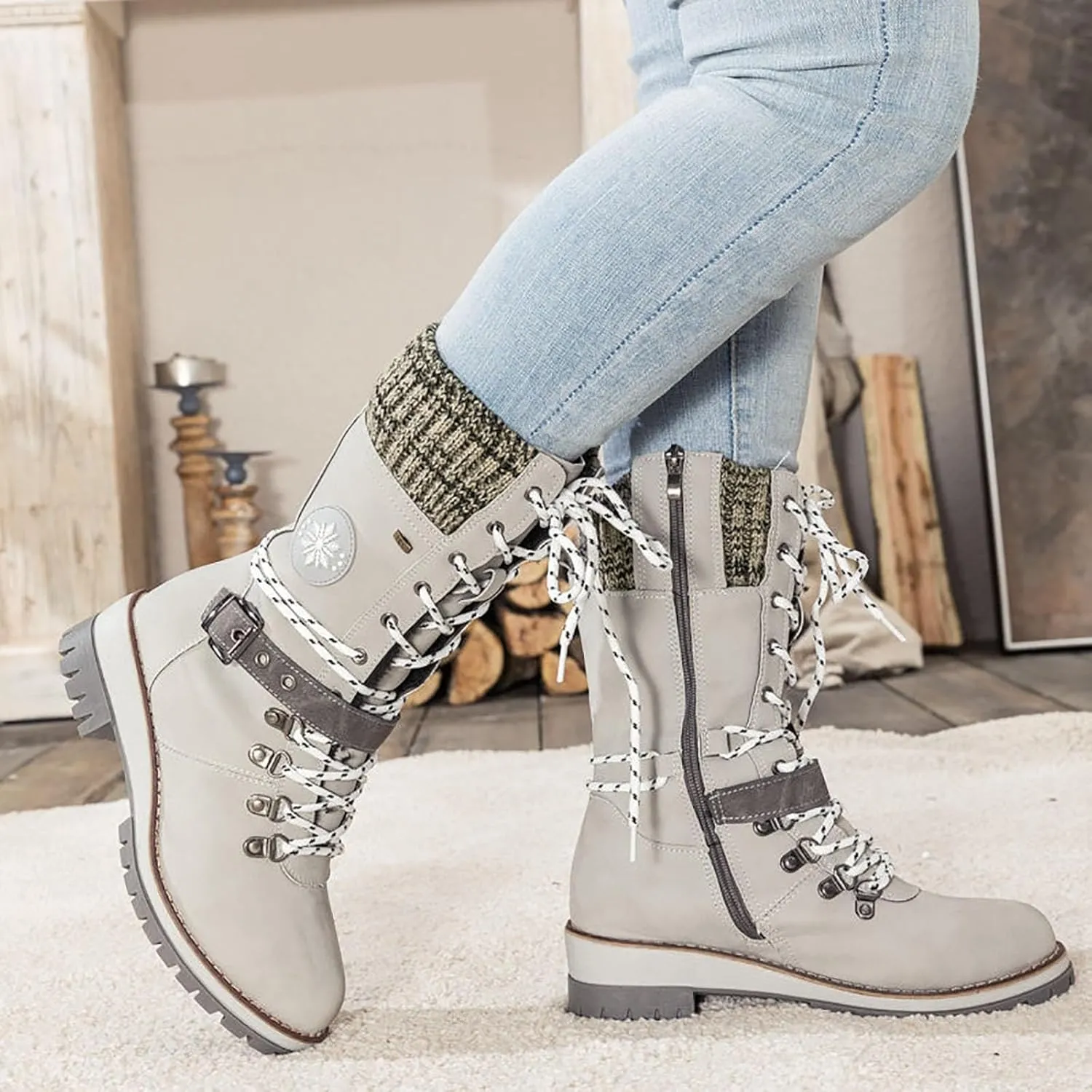 Women's Winter Warm Boots Fashion Belt Square Heel Snow Boots Lace Up Mid Tube Boots Wide Calf Boots for Women