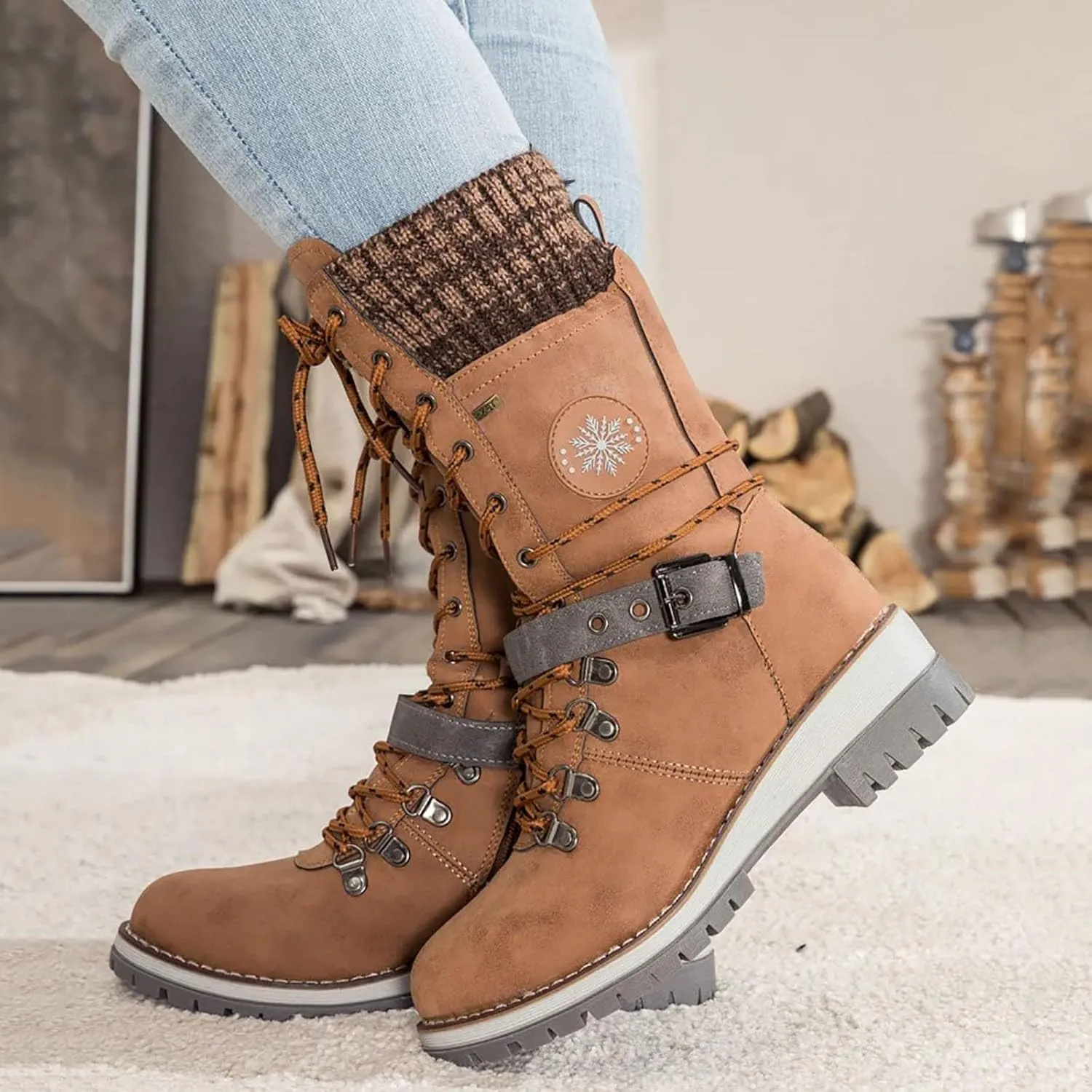 Women's Winter Warm Boots Fashion Belt Square Heel Snow Boots Lace Up Mid Tube Boots Wide Calf Boots for Women