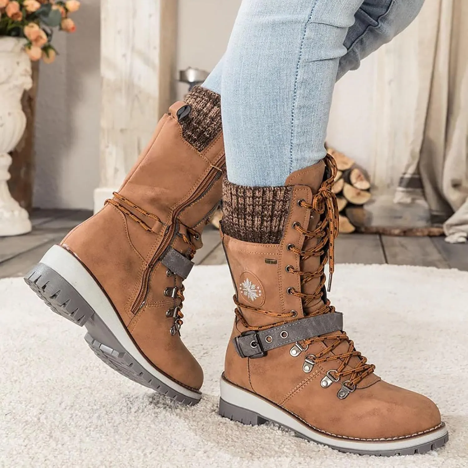 Women's Winter Warm Boots Fashion Belt Square Heel Snow Boots Lace Up Mid Tube Boots Wide Calf Boots for Women
