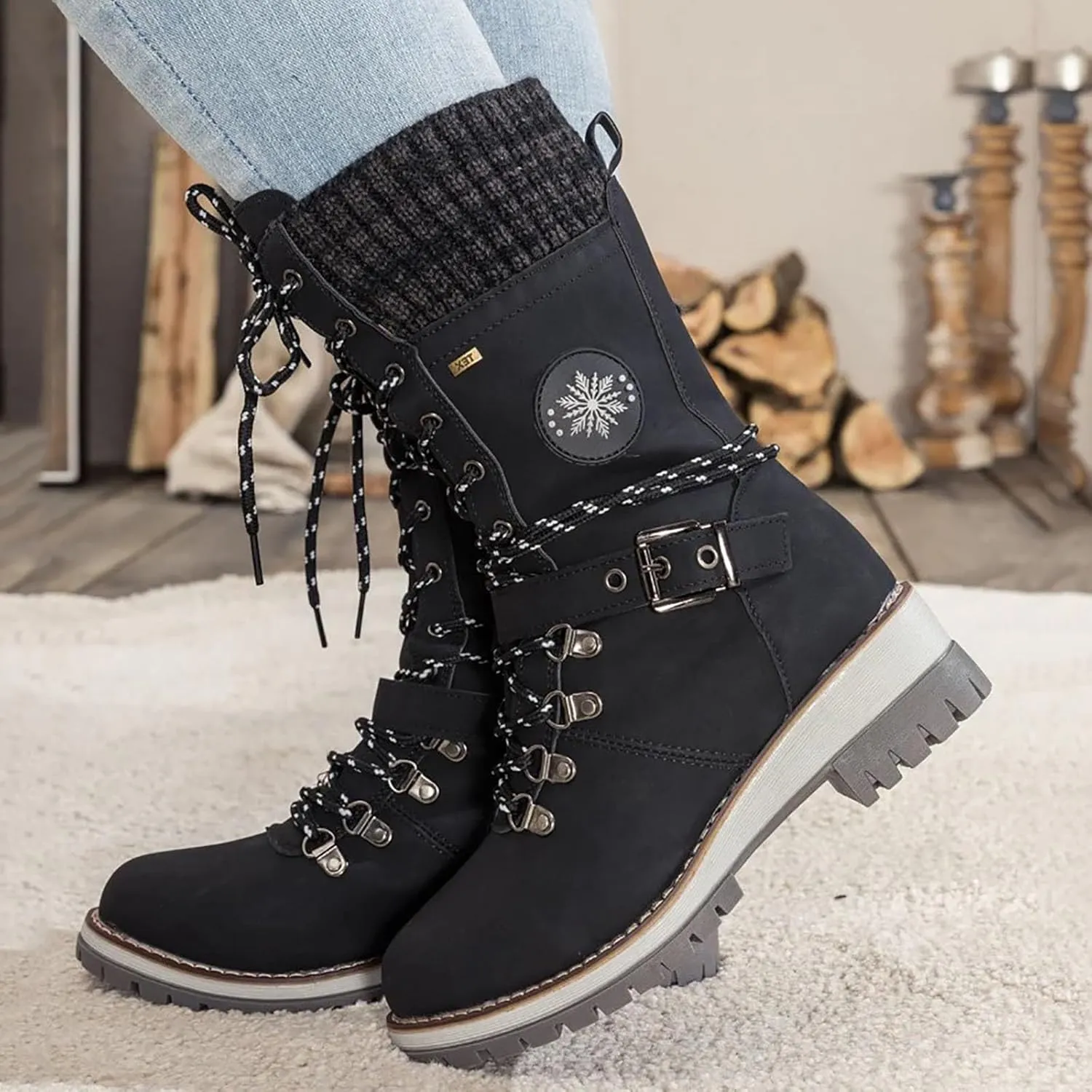 Women's Winter Warm Boots Fashion Belt Square Heel Snow Boots Lace Up Mid Tube Outdoor Walking Riding Pants