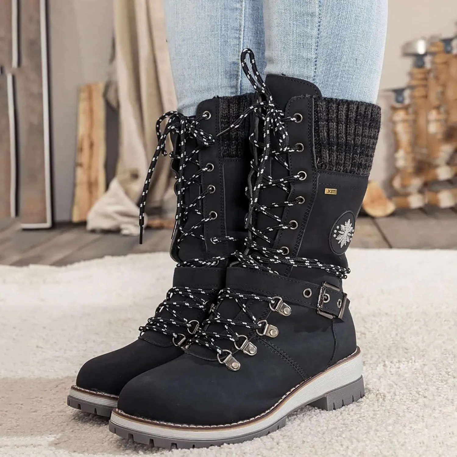 Women's Winter Warm Boots Fashion Belt Square Heel Snow Boots Lace Up Mid Tube Outdoor Walking Riding Pants