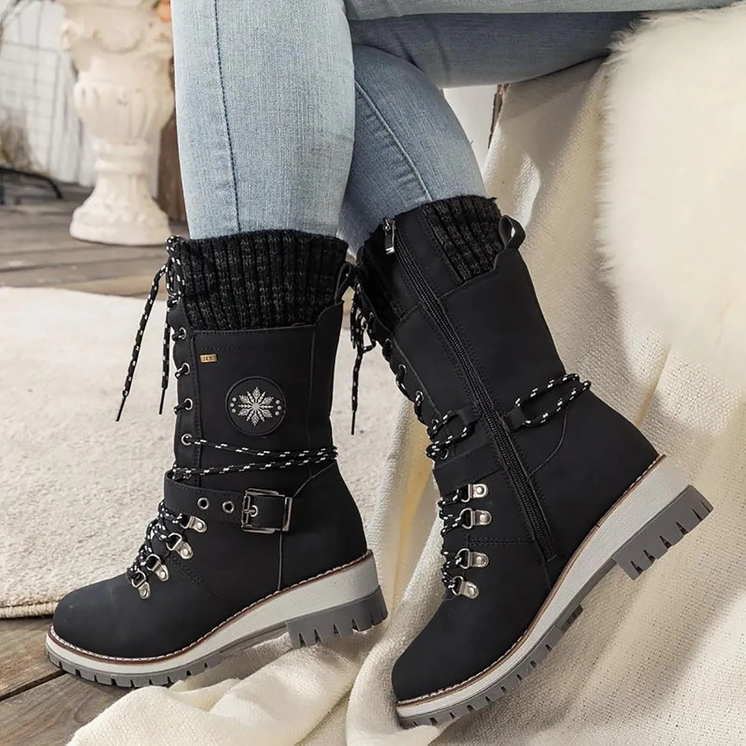 Women's Winter Warm Boots Fashion Belt Square Heel Snow Boots Lace Up Mid Tube Outdoor Walking Riding Pants
